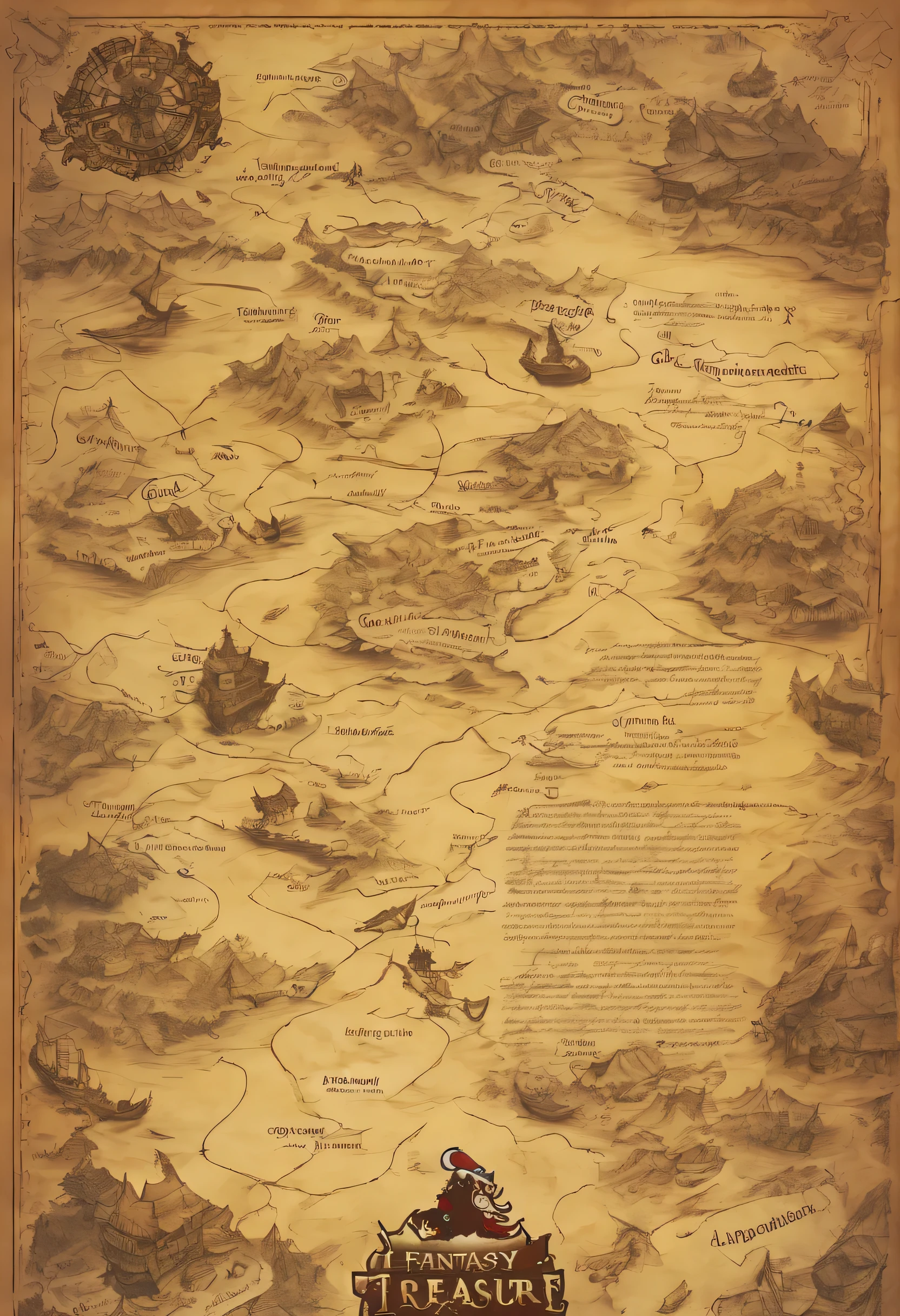 High Fantasy treasure map rolled out on a table, it has many clues to a dragon treasure hoard