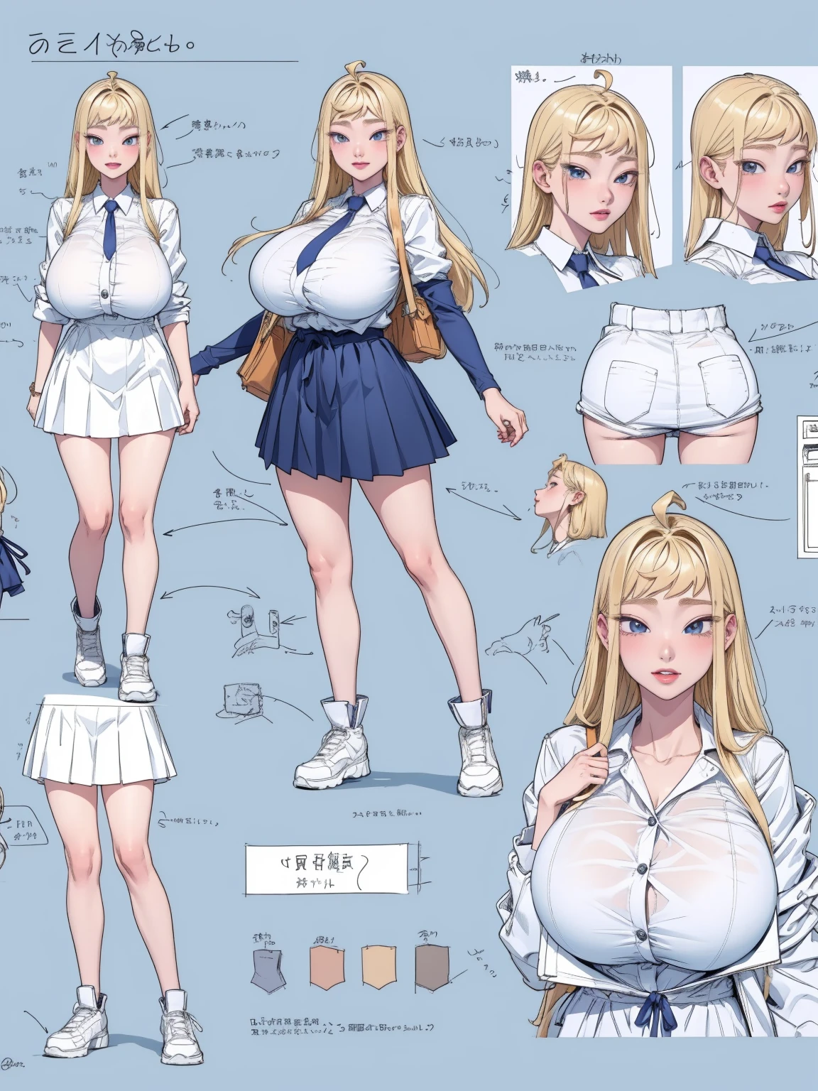 girl, solo, full body, from head to toe, standing, (Huge_Breasts:1.3), short skirt,

Character Design Sheet, character reference sheet, character turn around,

minami_fuyuki, ahoge,