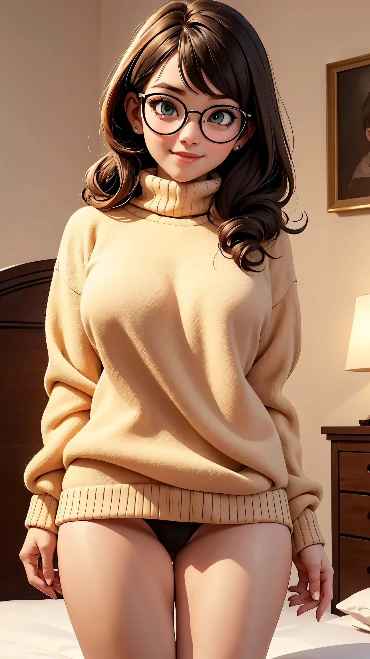 HD, 8k quality, masterpiece, Velma, dream girl huge tits, beautiful face, kissing lips, short bob hairstyle, long bangs, perfect makeup, realistic face, detailed eyes, green eyes, brunette hair, eyelashes, smile grin, bedroom, lying on bed, showing cameltoe, eyes at viewer, orange knitted turtleneck sweater, clear lens glasses, red school girl skirt, view from below,