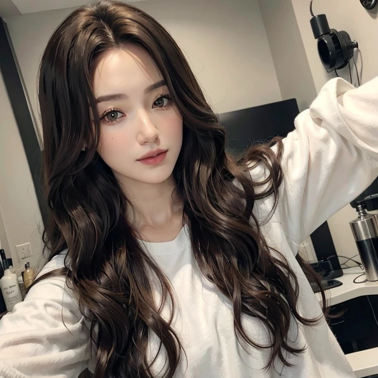 Psychologist woman taking a selfie in a white shirt and a black and white sweater, pelo largo con flequillo completo, long hair con flequillo, brown long hair con flequillo, ulzzang, neat hair con flequillo, brown hair con flequillo, brown hair and bangs, flequillo y cabello ondulado, long wavy light brown hair, con flequillo, Rena nunen estilo 3/4