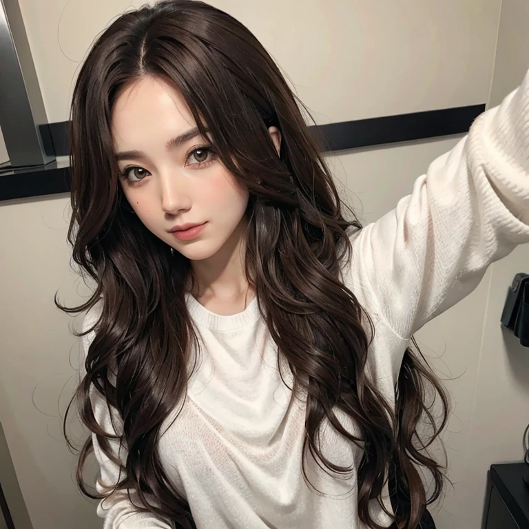 Psychologist woman taking a selfie in a white shirt and a black and white sweater, pelo largo con flequillo completo, long hair con flequillo, brown long hair con flequillo, ulzzang, neat hair con flequillo, brown hair con flequillo, brown hair and bangs, flequillo y cabello ondulado, long wavy light brown hair, con flequillo, Rena nunen estilo 3/4