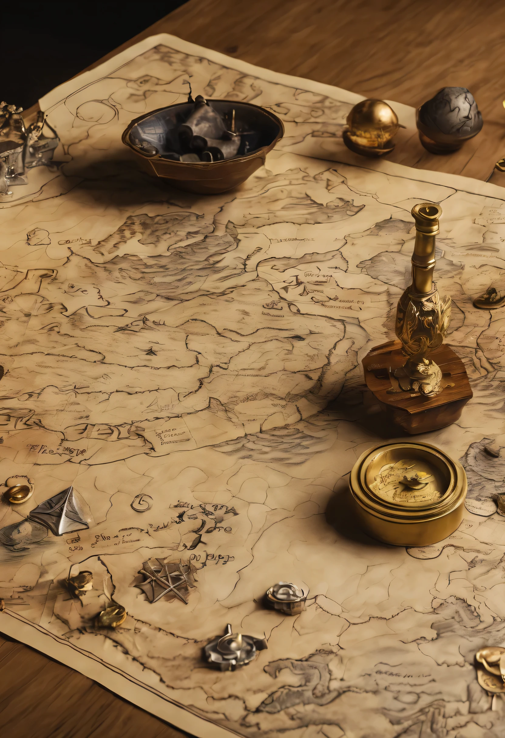 High Fantasy treasure map rolled out on a table, it has many clues to a dragon treasure hoard