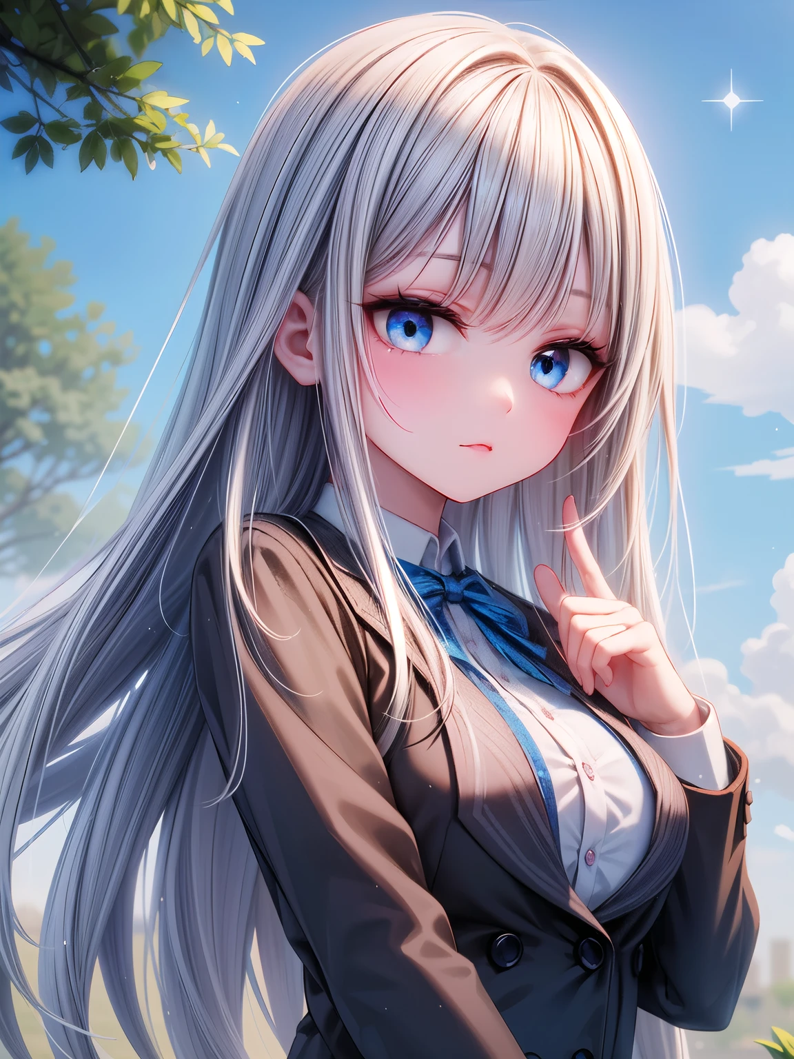 solo girl, 20 years old, upper body,standing,long hair,hair flowing with wind, looking at viewer, silver hair, blue eyes, sparkle eyes, blush, small bosom, school uniform, blazer, blue sky,tree,insanely detailed, absurdres, ultra-highres, ultra-detailed, best quality
,slender, kawaii, perfect symmetrical face, ultra cute girl, ultra cute face, ultra detailed eyes, ultra detailed hair, ultra cute, ultra beautiful