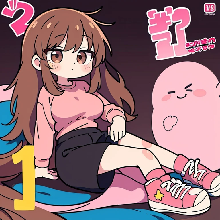 best quality, 8k, manga cover, 25 year old girl, long brown hair, pink shirt, black shorts, white sneakers, brown eyes, gigantic breasts