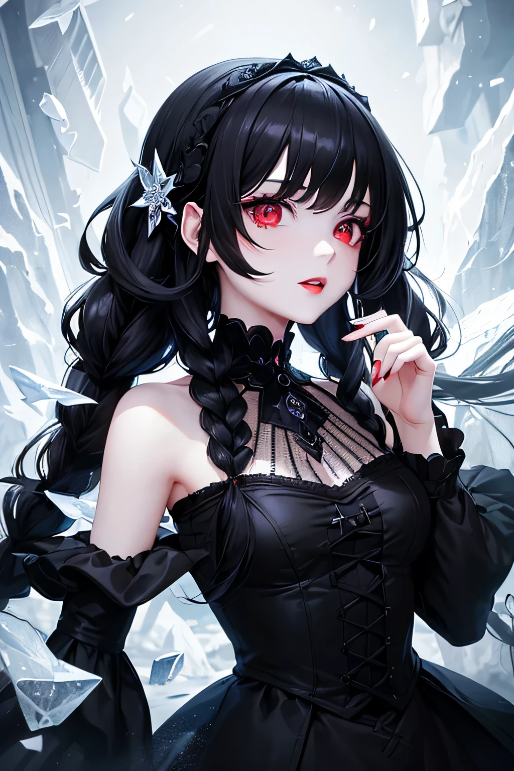 1 girl,Depp's Sense,confused,catch light,Super beautiful illustration,Ice fragments,(black color,long hairstyles:1.3),dark dark eyeshadow,bright red lipstick,Gothic Lolita,;d,beautiful and delicate hair,delicate and detailed red eyes,blue shining light effect,ice aura
