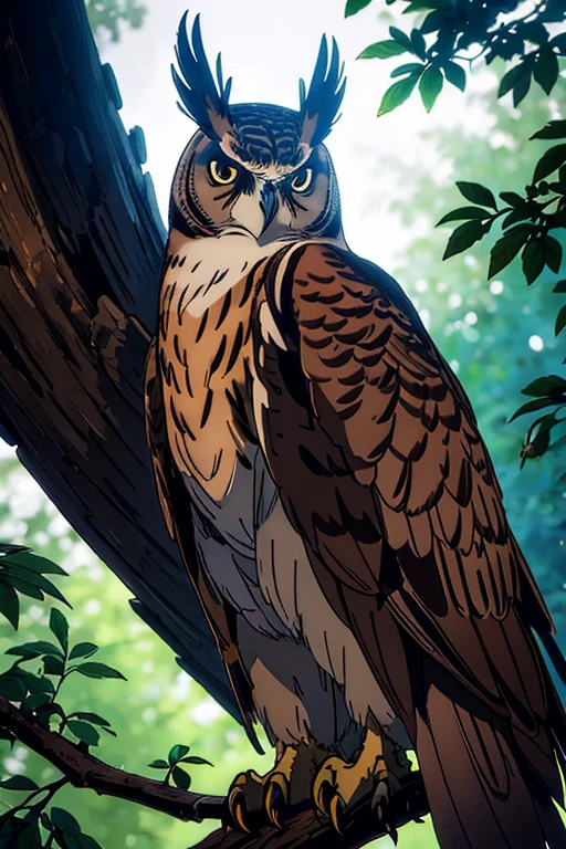 Eurasian eagle owl,brown eyes,bird of prey,sitting on a branch, daytime ,peaceful atmosphere,mappa art style,majestic,beautiful feathers,intense gaze,proud posture,imposing silhouette,sharp talons,feathery details,lush foliage surrounding the owl,dimly lit scene,dark color palette,dreamy ambiance,mystical aura,majestic creature
