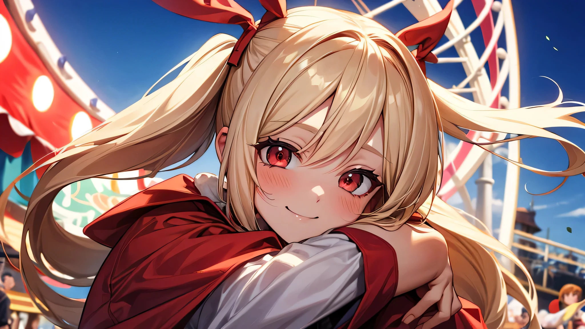, small, bright blonde hair, cute red eyes, Cute face, Amusement parks, pigtail long hair, happy