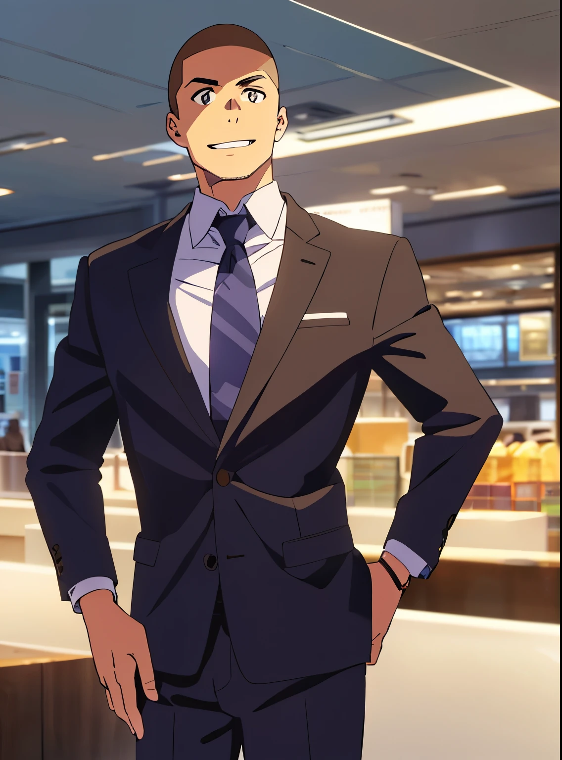 shinkai makoto, kimi no na wa.,1boy, buzzcut, muscular, tall, Office uniform, evil smile, open mouth, looking at the viewer, indoors, indoors, mall, masterpiece, perfect anatomy, cowboyshot,