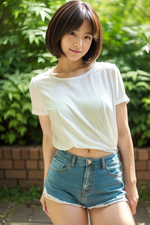 Live-action thin Japanese actress Minami Hamabe standing facing forward, Her face is Minami Hamabe, a Japanese actress., Standing posture, The camera is shot from the front （absolute condition： Fluffy short sleeve red blouse, Fluttering white miniskirt with many folds) 　（Body details：lean body, Height: 155cm, Bust 75cm, Waist 55cm, Hip 85cm, Healthy thighs) (detailed background, green leaves on old brick）（Detailed model figure：face is facing the camera, The body is facing the camera） （Photo composition：Front of the body, Photo from thighs up,looking at the camera,　Photo from the front） （hair details：Bob cut brown hair）