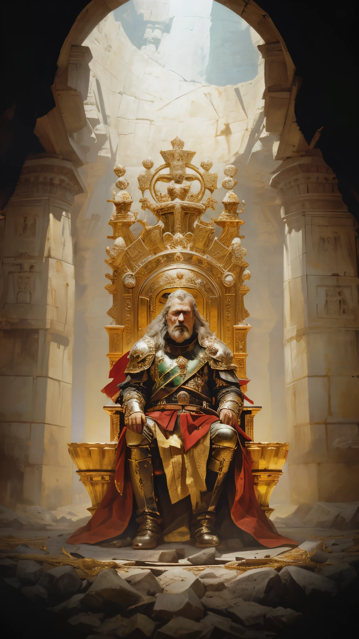 arafed image of a man in armor sitting on a throne, portrait of emperor of mankind, great king of stovokor, the god emperor of mankind, medieval old king, tuomas korpi and wlop, portrait of a king, portrait of medieval old king, portrait of a medieval old king, sitting in a gilded throne, sitting on his throne