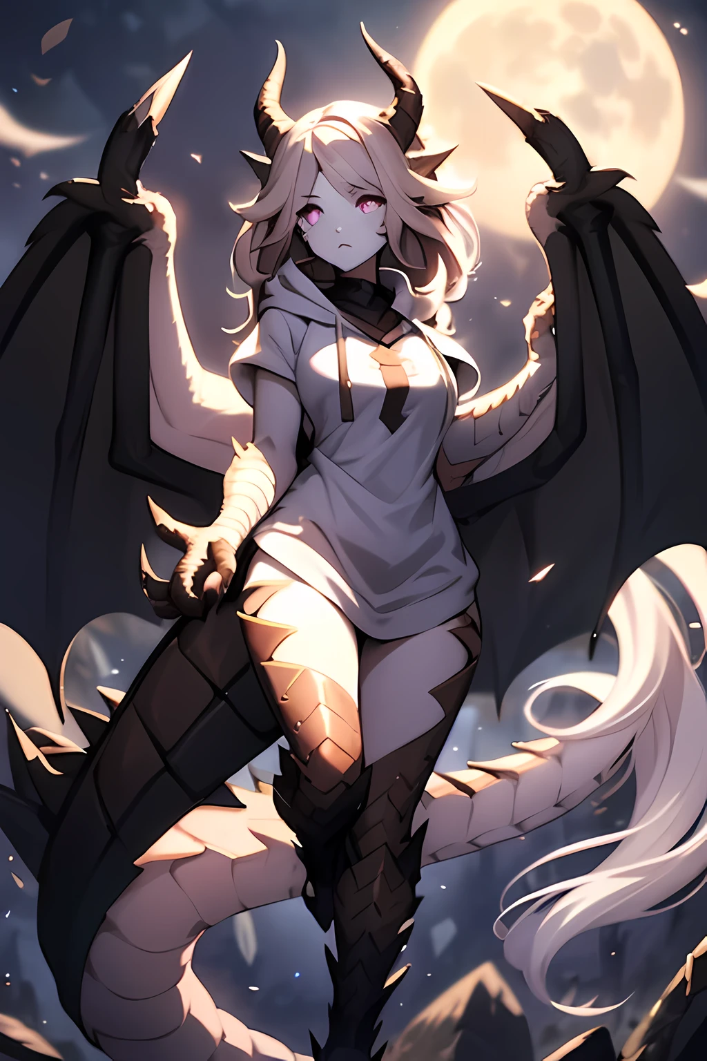 Weredragon Woman, under the moon, ash brown hair, medium length wavy ash brown hair, glowing pale lavender dragon eyes, white scales covering her entire body, medium chest, focus on face, white iridescent scales on face and neck and legs, white scaled and clawed hands, black wings, shredded hoodie, transforming, claws