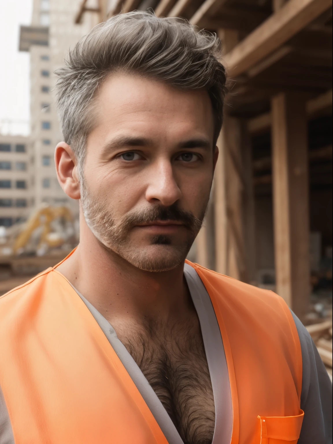 masterpiece, best quality, high resolution, closeup portrait, male focus, solo focus, A man, 45 years old, with construction worker uniform, unbuttoned work clothes, construction worker, silver grey hair, messy hairstyle, cute and seductive face, bare chest, body hair, facial hair, roman nose, very skinny body, hairy legs, dimples, goatee, beard, bold jawline , in the background a construction site, orange safety vest, gay , erotic, view from below, amazing composition, front view, HDR, ultra quality, elegant, highly detailed