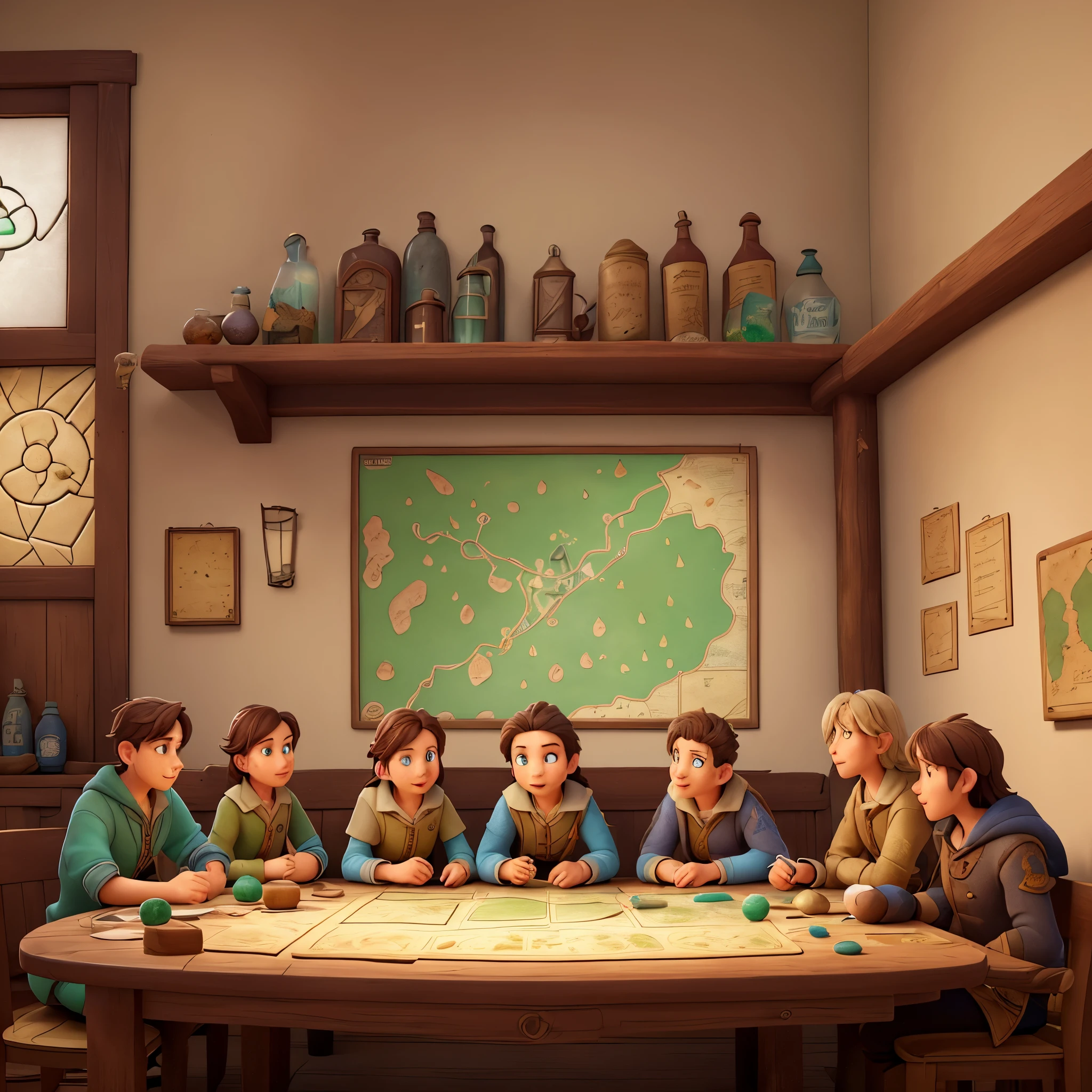 (high quality,realistic,ultra-detailed,fine art,photorealistic:1.2),large, rustic wooden table with a High Fantasy treasure map skillfully rolled out on top, portraying intricate pathways and landmarks. The map displays a hidden dragon treasure hoard, shrouded in mystery and adventure. The corners of the map are slightly frayed, indicating its age and authenticity. Ancient symbols and enigmatic script are meticulously etched onto the parchment, providing ancient clues and hints to the location of the elusive dragon's wealth. The table is adorned with various tools of exploration, such as a compass, magnifying glass, and an aged quill pen with a bottle of ink nearby. Candlelight softly illuminates the scene, casting dancing shadows on the map, adding an aura of enchantment. The flickering flames create a captivating atmosphere, enhancing the overall sense of anticipation and excitement. Delicate rays of sunlight gently filter through a nearby stained glass window, casting vibrant hues of emerald, sapphire, and gold onto the map's surface. The colors reflect the magical elements present in the realm where the treasure is said to reside, further captivating the viewers. Around the table, a group of intrepid adventurers gather, their faces filled with curiosity and determination. Dressed in a mixture of medieval armor, flowing cloaks, and rugged explorer attire, they eagerly study the map's details, discussing potential routes and deciphering cryptic symbols. Their enthusiasm and camaraderie symbolize the unity forged during this grand quest for unimaginable wealth and glory. As the adventurers meticulously trace the map's intricate paths and decipher the hidden clues, sparkles of magic emanate from the map, hinting at the mysterious powers that guard the dragon's treasure hoard. The air is filled with an undercurrent of anticipation, as the adventurers prepare to embark on a perilous journey into the unknown, their brave hearts driven by the promise of untold riches an