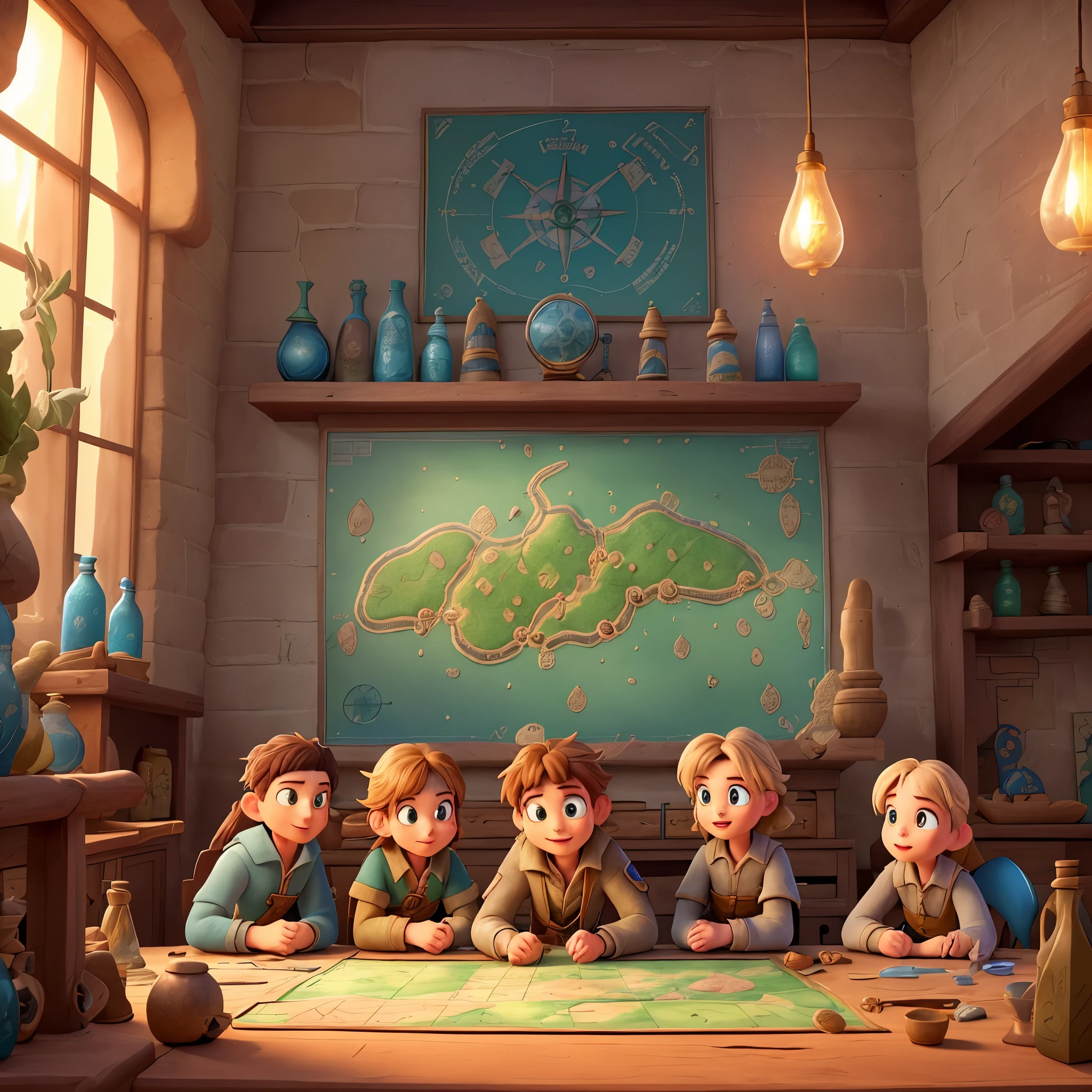 (high quality,realistic,ultra-detailed,fine art,photorealistic:1.2),large, rustic wooden table with a High Fantasy treasure map skillfully rolled out on top, portraying intricate pathways and landmarks. The map displays a hidden dragon treasure hoard, shrouded in mystery and adventure. The corners of the map are slightly frayed, indicating its age and authenticity. Ancient symbols and enigmatic script are meticulously etched onto the parchment, providing ancient clues and hints to the location of the elusive dragon's wealth. The table is adorned with various tools of exploration, such as a compass, magnifying glass, and an aged quill pen with a bottle of ink nearby. Candlelight softly illuminates the scene, casting dancing shadows on the map, adding an aura of enchantment. The flickering flames create a captivating atmosphere, enhancing the overall sense of anticipation and excitement. Delicate rays of sunlight gently filter through a nearby stained glass window, casting vibrant hues of emerald, sapphire, and gold onto the map's surface. The colors reflect the magical elements present in the realm where the treasure is said to reside, further captivating the viewers. Around the table, a group of intrepid adventurers gather, their faces filled with curiosity and determination. Dressed in a mixture of medieval armor, flowing cloaks, and rugged explorer attire, they eagerly study the map's details, discussing potential routes and deciphering cryptic symbols. Their enthusiasm and camaraderie symbolize the unity forged during this grand quest for unimaginable wealth and glory. As the adventurers meticulously trace the map's intricate paths and decipher the hidden clues, sparkles of magic emanate from the map, hinting at the mysterious powers that guard the dragon's treasure hoard. The air is filled with an undercurrent of anticipation, as the adventurers prepare to embark on a perilous journey into the unknown, their brave hearts driven by the promise of untold riches an