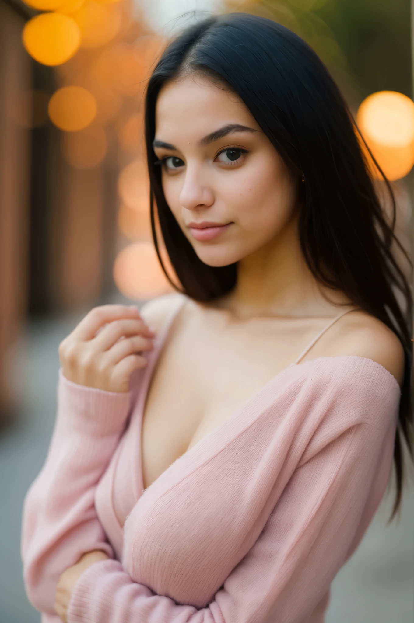 Photo of a beautiful woman looking at camera, Shoulder, bust, pastel colors, autumn lights