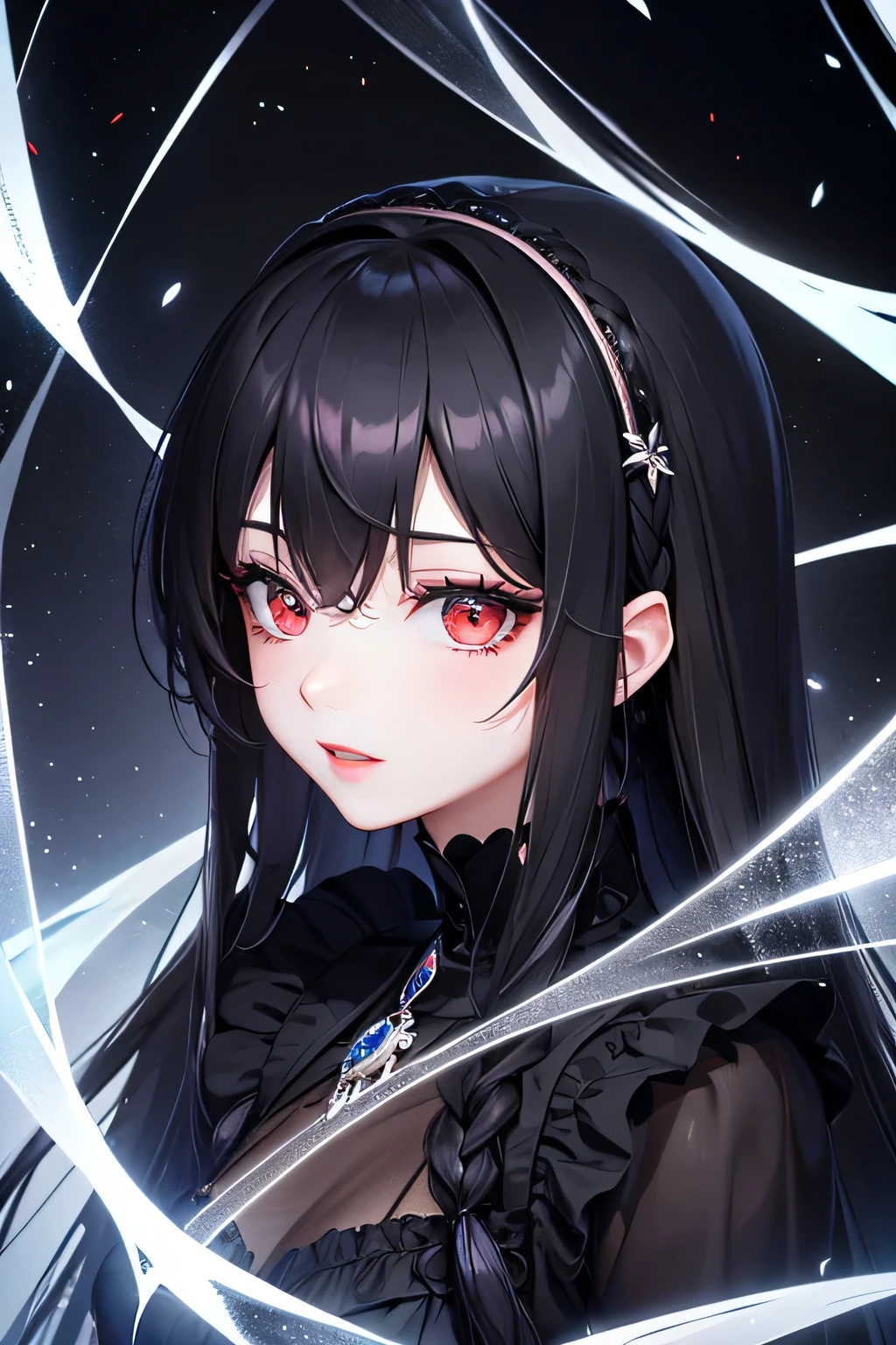 1 girl,Depp's Sense,confused,catch light,Super beautiful illustration,Ice fragments,(black color,long hairstyles:1.3),dark dark eyeshadow,bright red lipstick,Gothic Lolita,;d,beautiful and delicate hair,delicate and detailed red eyes,blue shining light effect,ice aura