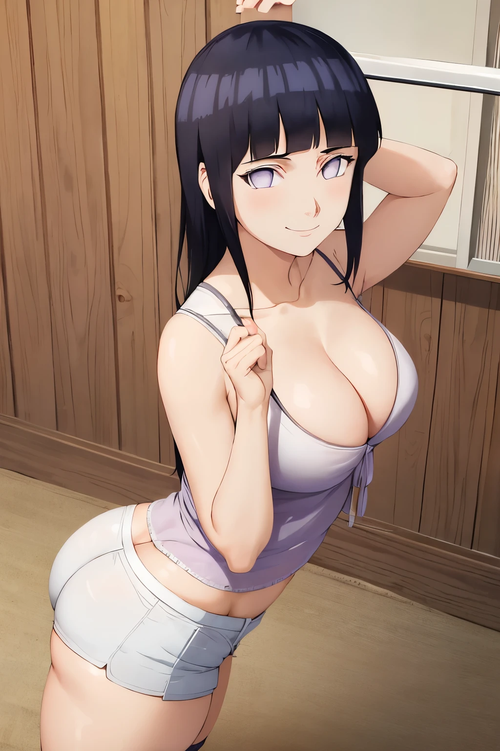 1 Girl, Hinata, standing, back, tight white shorts, big ass, white lingerie, big breasts, bottom-up view, hinata looking at the viewer, malicious smile