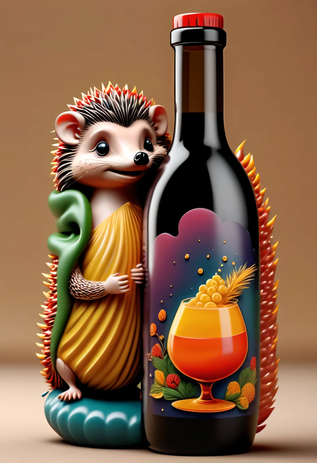 in style of Folk art,（一只可爱of小刺猬蜷缩在酒瓶里），（醉酒of表情：1.35），beauty of details，（Exaggeration of big wine bottle：0.65），（Colored hair or back tattoos，）（穿着嘻哈风格of睡衣，戴着夸张of睡帽，）（Apply the mask to your face：0.8），（Large soft and colorful cushions，）There are many snacks and colorful drink bottles on the ground，Details of details，
background：Comfort and comfort of living room 3D rendering，
cartoon，illustration，Pixar，cartoon，ultra high definition，high quality，32k，of，

