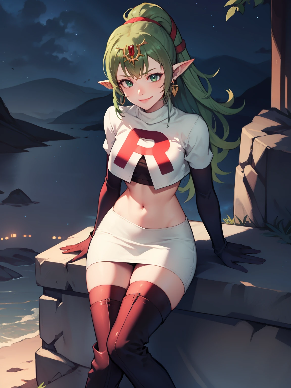 tiki fe, pointy ears ,earrings, glossy lips ,team rocket uniform, red letter R, white skirt,white crop top,black thigh-high boots, black elbow gloves, evil smile,  sitting down ,legs crossed, night sky background