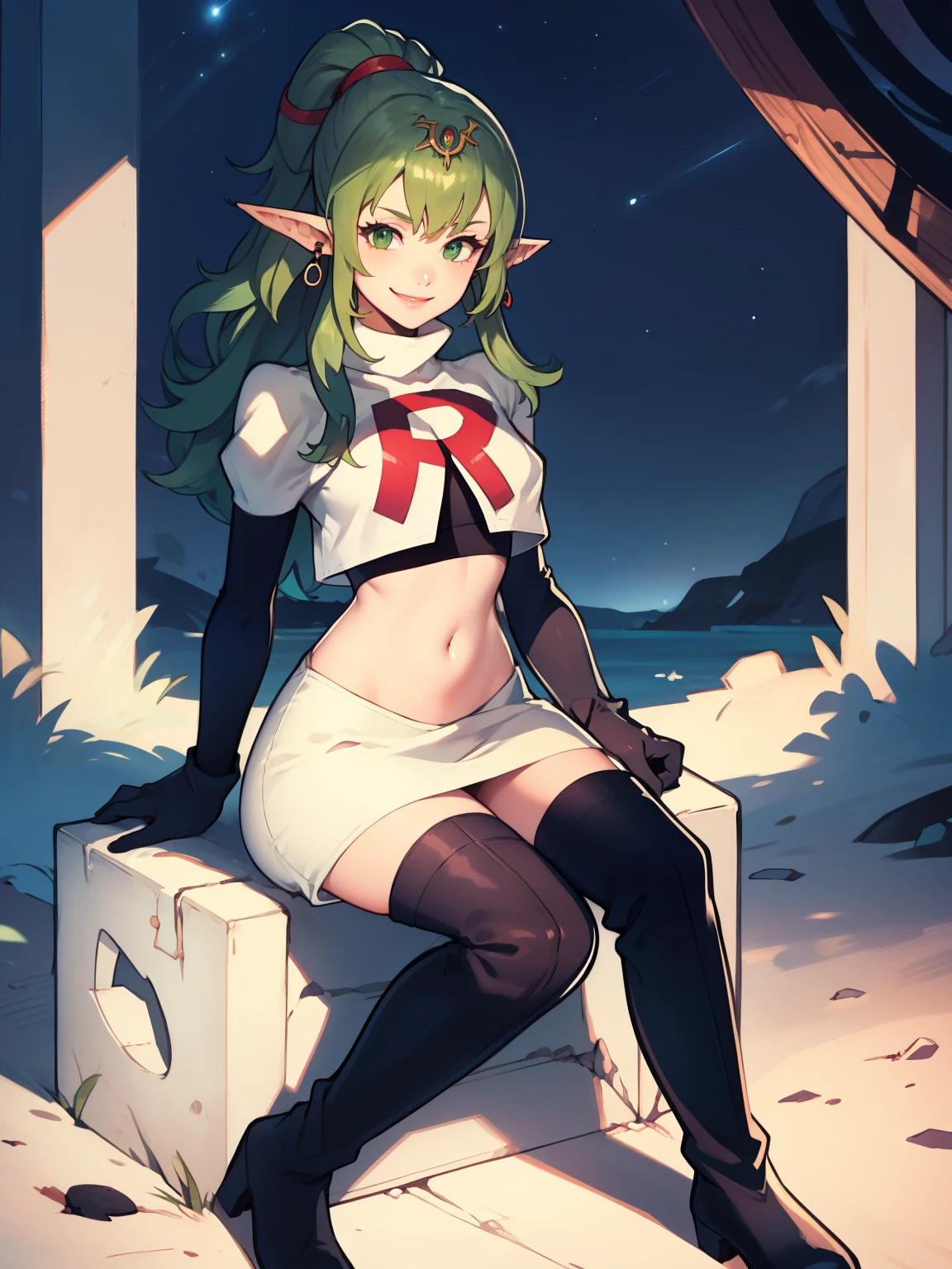 tiki fe, pointy ears ,earrings, glossy lips ,team rocket uniform, red letter R, white skirt,white crop top,black thigh-high boots, black elbow gloves, evil smile,  sitting down ,legs crossed, night sky background