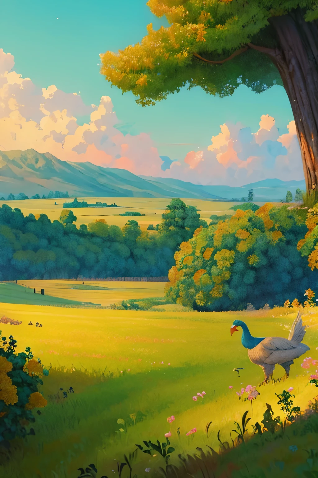 um campo cheio de de montanhas e chocobos do final fantasy, um lugar muito bonito, resolution 2560 x 423