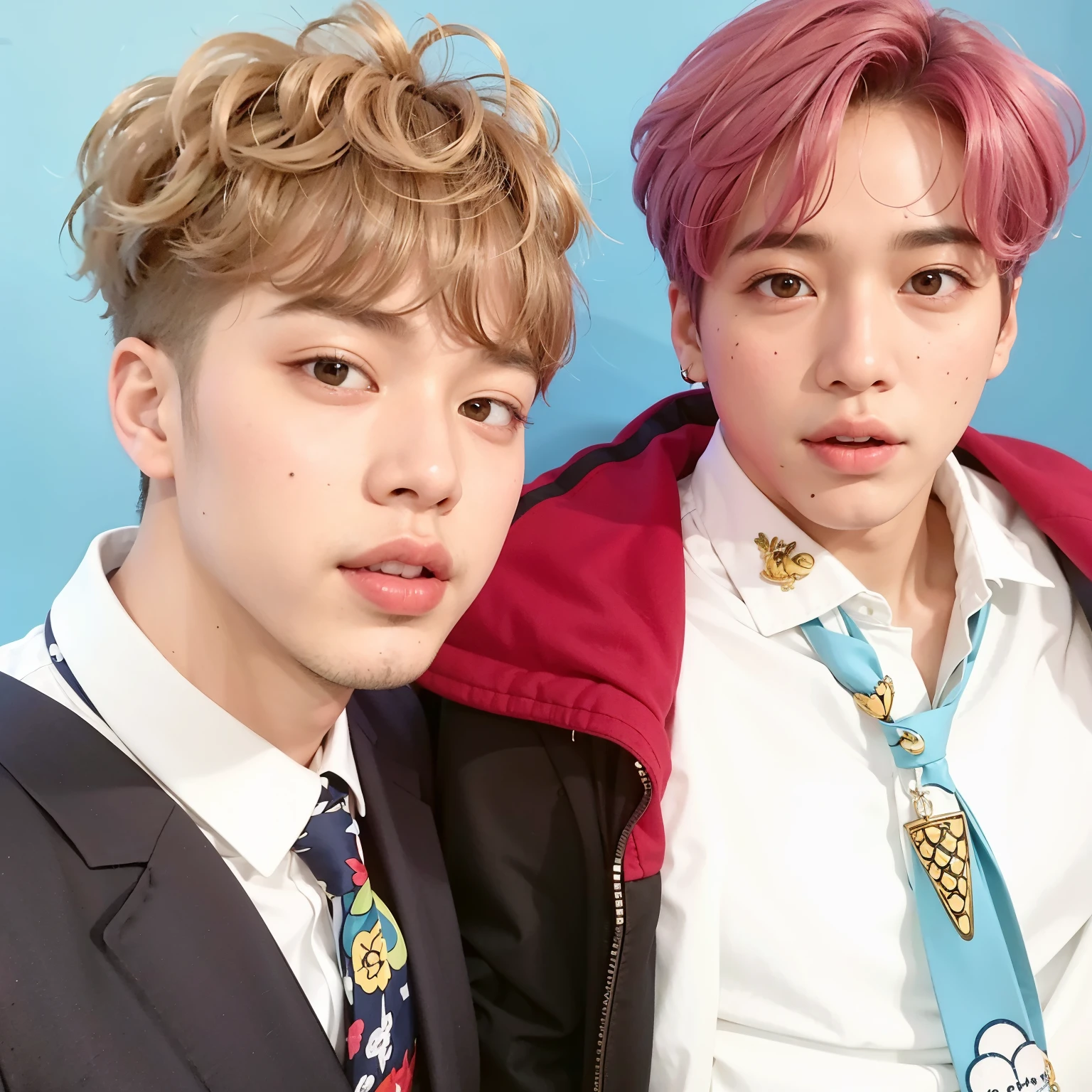 dois jovens com cabelo rosa e gravata posando para uma foto, Jimin\the full lips, Jimin, Jimin\o nariz grego, park Jimin, BTS, todos do grupo nct, accurate Jimin face, Jimin\the right eyelid is swollen, BT 2 1, BT21, nixeu e sakimichan, sakimichan, garotos fofos