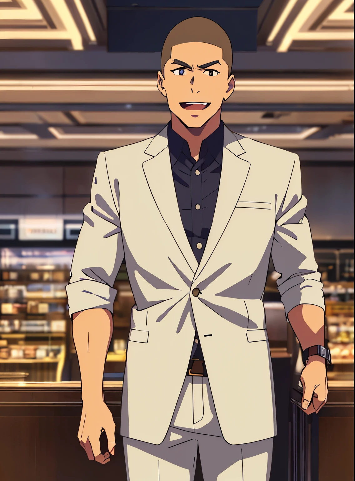 shinkai makoto, kimi no na wa.,1boy, buzzcut, muscular, tall, formal attire, evil smile, open mouth, looking at the viewer, indoors, indoors, mall, masterpiece, perfect anatomy, cowboyshot