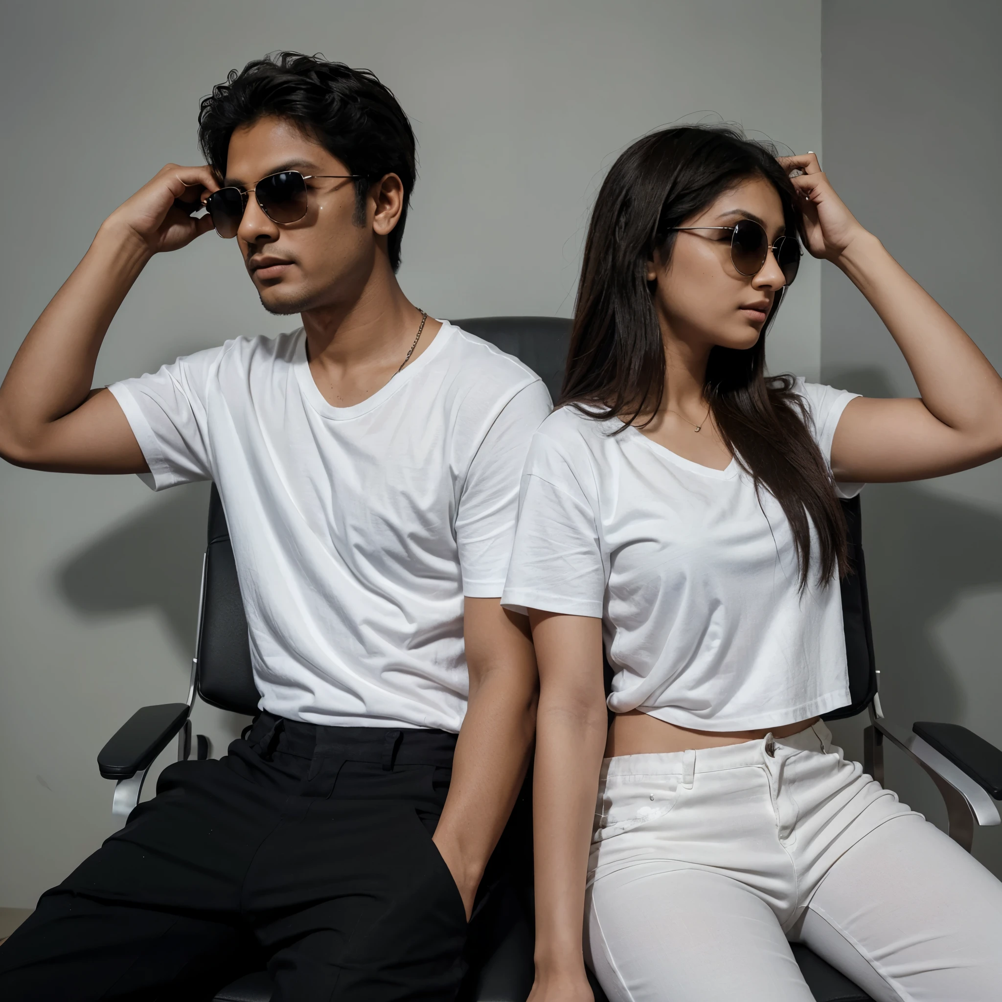 Create a 3D realistic image for a profile picture of a 21-year-old couple sitting comfortably in wings chair. The boy is wearing a White shirt and black pant and sunglasses. And the girl is Naked and sunglasses. they are looking ahead. "Mithun" and Kajal are written in large bold font just above of them on the grey wall in the backgrounds 