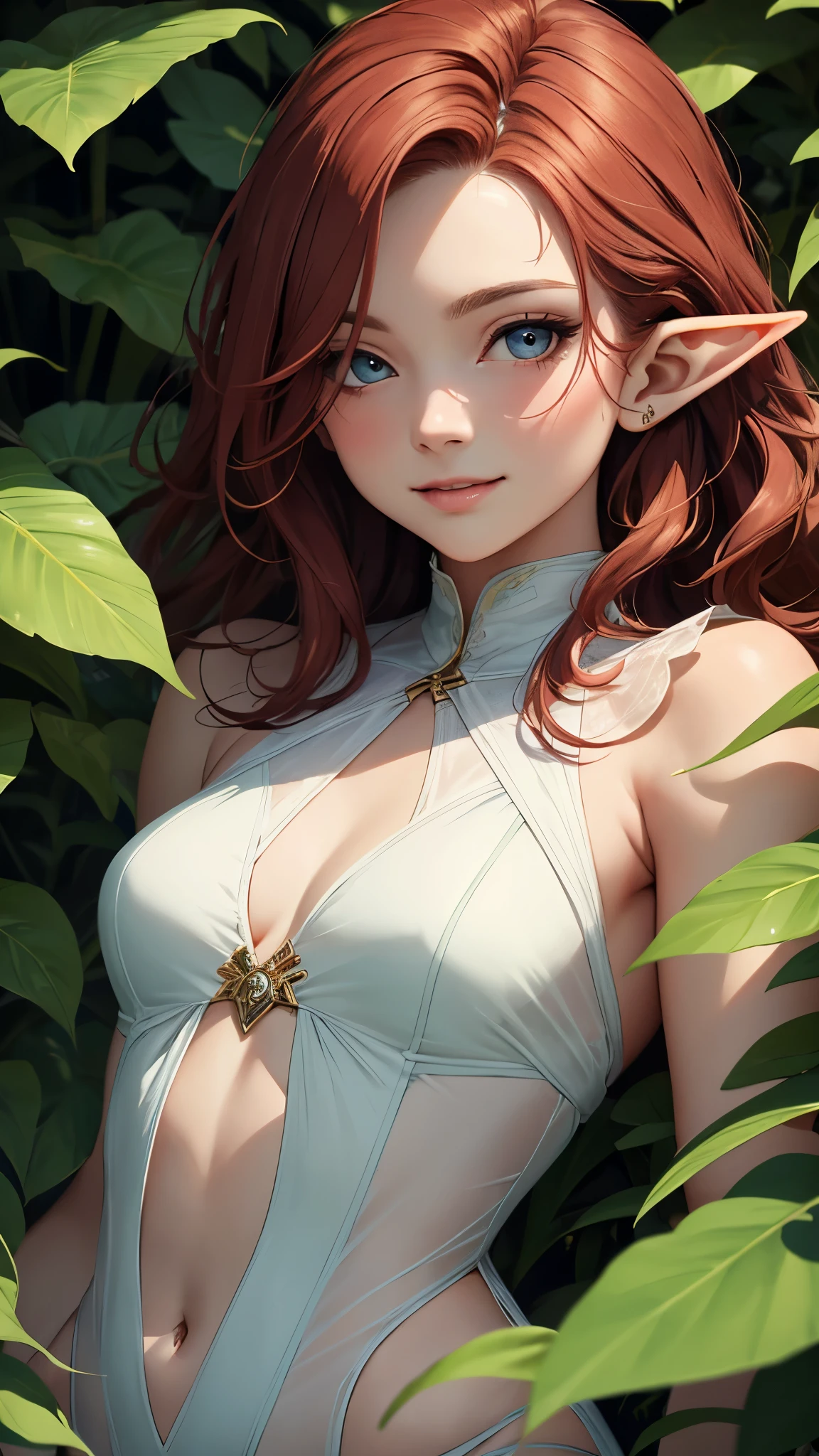 (masterpiece), best quality, expressive eyes, perfect face, Mature elf lying among leaves, red wavy hair, Wearing transparent silk clothes, plump figure, Exquisite facial features, Realistic picture quality, A Nordic woman about 18 years old, Surrealism，Smile