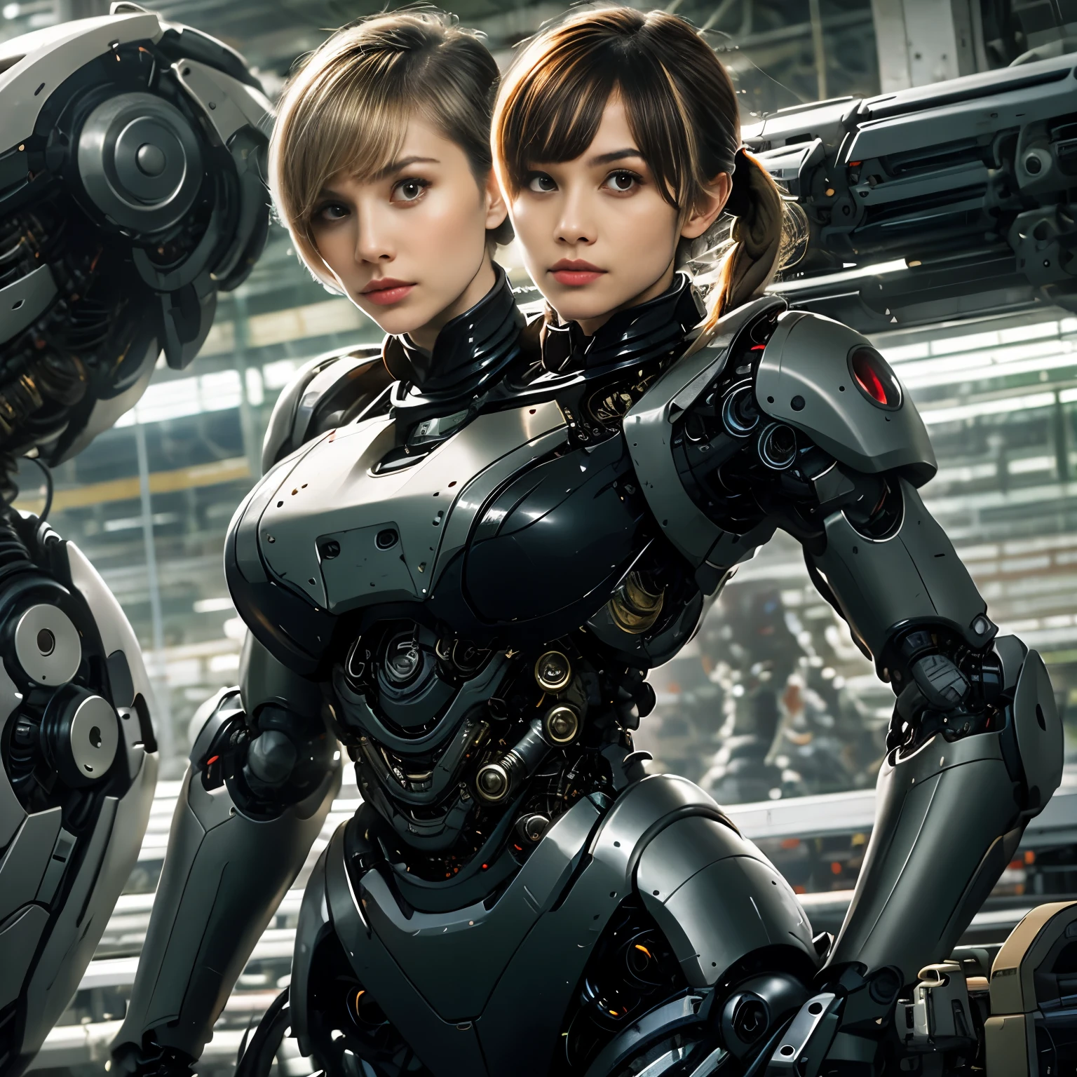 best resolution, 2heads, cyborg woman with two heads, different ethnicities, blonde ponytails, pixie cut,  red robot body, mechanical background