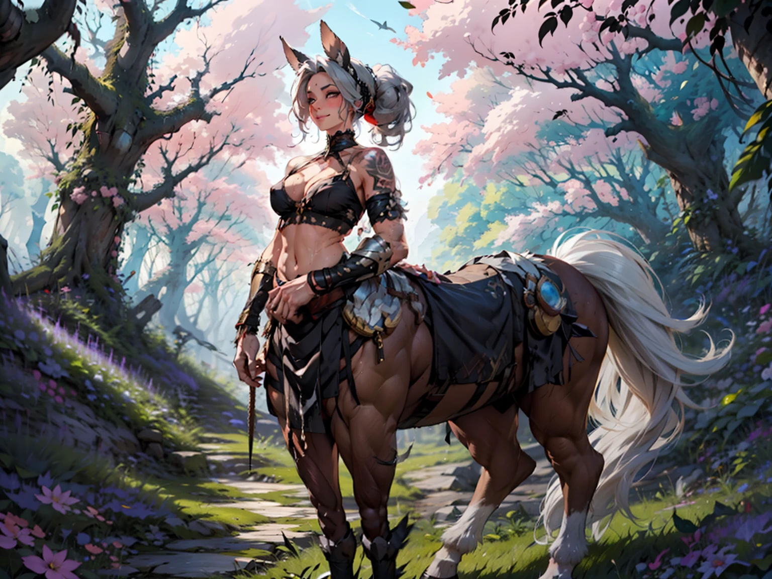 3dmm style, Masterpiece, realistic, best quality, art by chunie, (by chunie:1), anthropomorphic female centaur, short updo hair, beautifully makeup, eyeshadow, beautiful big eyes, long eye lashes, tempting smile, ((thick lipig breast)), (Thick thighs), (((shiny skin))), ((chubby)), wearing ((Gray satin bra)), shiny satin, silk, shiny grey fur, I sit alone in this secluded grove, accompanied only by the rustling of leaves, wet vagina, black vagina, back view, looking at viewer