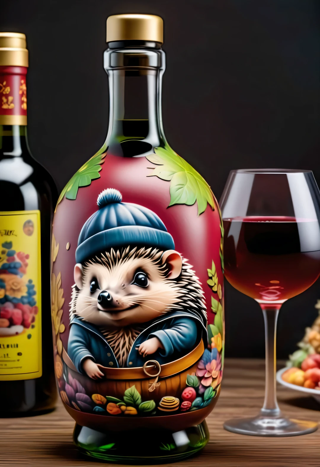 in style of Folk art,(一只可爱of小刺猬蜷缩在酒瓶里),(醉酒of表情:1.35),beauty of details,(Exaggeration of big wine bottle:0.65),(Colored hair or back tattoos,)(穿着嘻哈风格of睡衣,戴着夸张of睡帽,)(Apply the mask to your face:0.8),(Large soft and colorful cushions,)There are many snacks and colorful drink bottles on the ground,Details of details,
background:Comfort and comfort of living room 3D rendering,
cartoon,illustration,Pixar,cartoon,ultra high definition,high quality,32k,of,