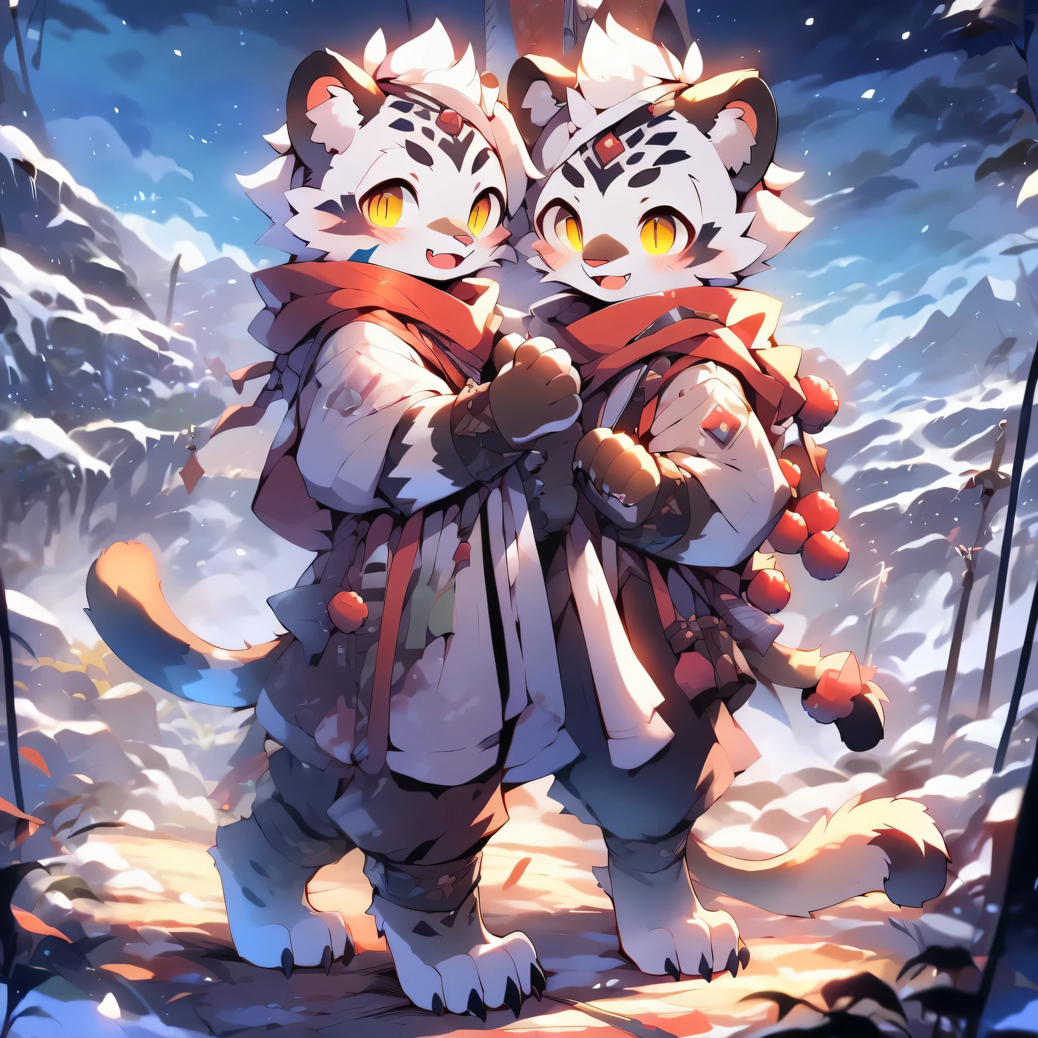 Cats, leopard print, tiger, 4 toe, Humanity, blush, blush lines, Short snow-colored hair, Claws, digital level, Kanno, male, open mouth, open Smile, paw pads, paw, Smile, snow, alone, Striped body, Striped fur, stripes toe Claws, toe, translucent, translucent hair, young, face painting, Hairball, gradient eyes, slit pupil, standing posture, ultra high definition, precise, masterpiece, best quality, Super details, high resolution, 16k, textured skin