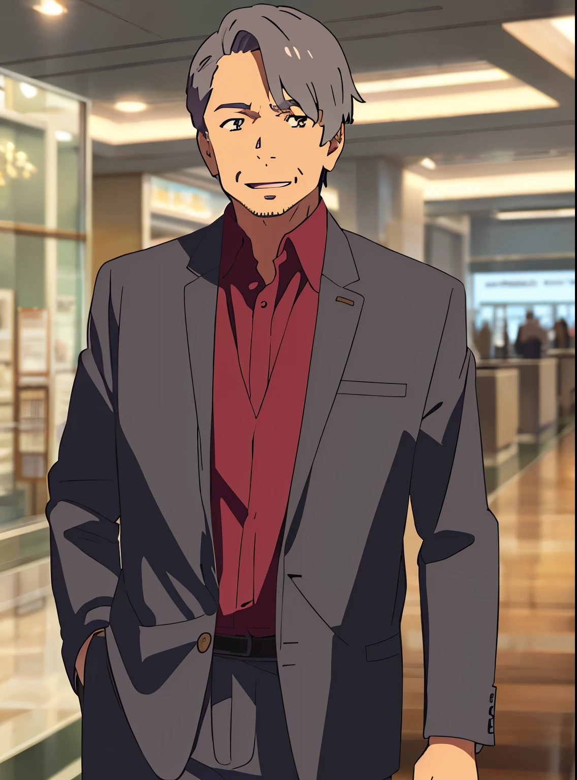 shinkai makoto, kimi no na wa.,middle-aged man with neatly-combed dark grey hair that ends just above his ears with bangs swept to the right side,formal attire, smile, open mouth, looking at the viewer, indoors, indoors, mall, masterpiece, perfect anatomy, cowboyshot