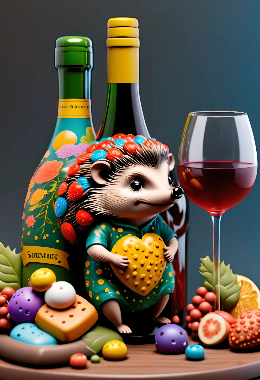 in style of Folk art,(一只可爱of小刺猬蜷缩着酒瓶),(醉酒of表情:1.35),beauty of details,(Exaggeration of big wine bottle:0.65),(Colored hair or back tattoos,)(穿着嘻哈风格of睡衣,戴着夸张of睡帽,)(Apply the mask to your face:0.8),(Large soft and colorful cushions,)There are many snacks and colorful drink bottles on the ground,Details of details,
background:Comfort and comfort of living room 3D rendering,
cartoon,illustration,Pixar,cartoon,ultra high definition,high quality,32k,of,