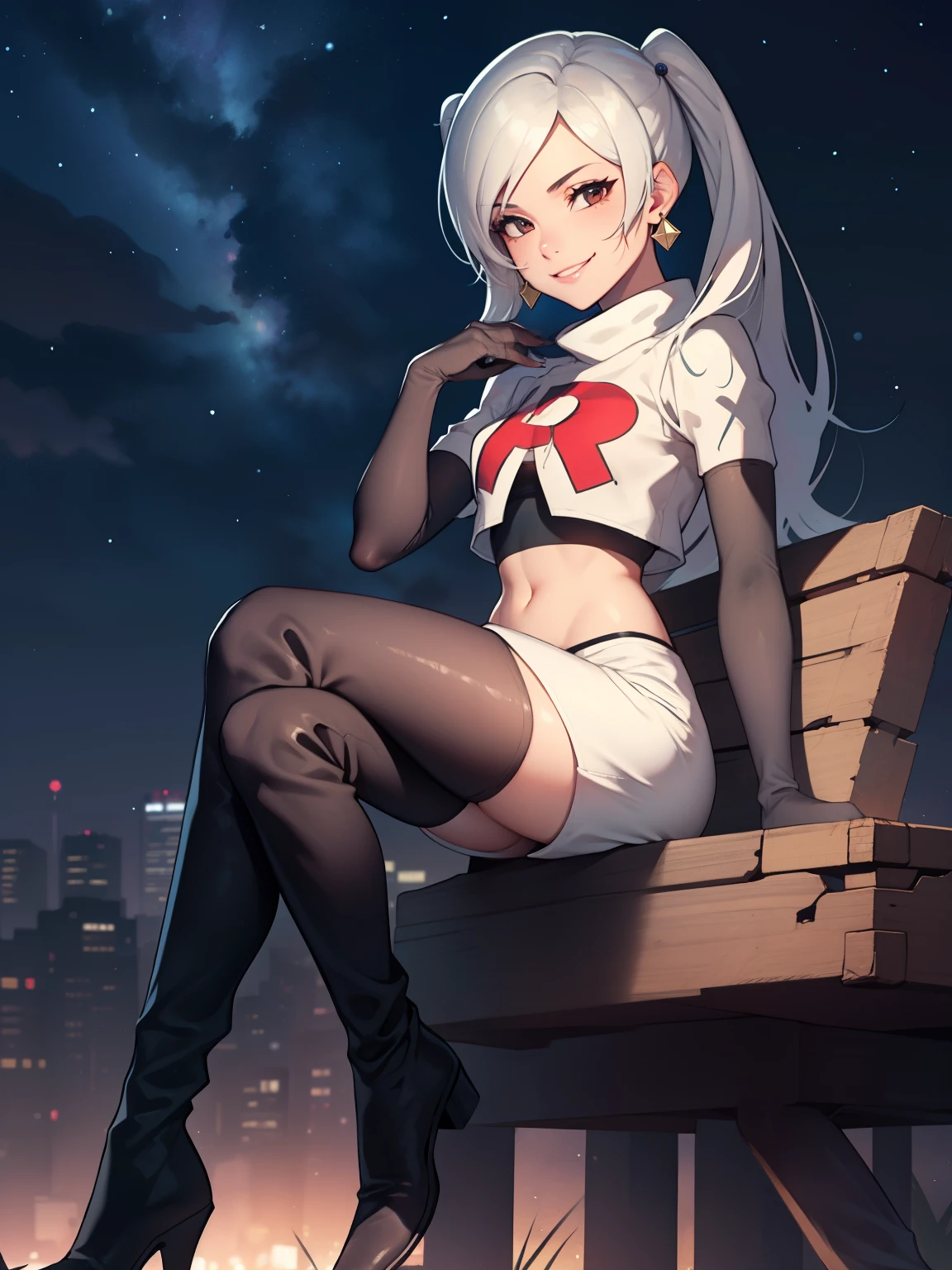 robin fe ,earrings, glossy lips ,team rocket uniform, red letter R, white skirt,white crop top,black thigh-high boots, black elbow gloves, evil smile,  sitting down ,legs crossed, night sky background