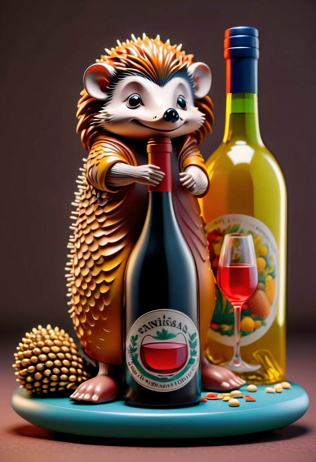 in style of Folk art,(一只可爱of小刺猬蜷缩着酒瓶),(醉酒of表情:1.35),beauty of details,(Exaggeration of big wine bottle:0.65),(Colored hair or back tattoos,)(穿着嘻哈风格of睡衣,戴着夸张of睡帽,)(Apply the mask to your face:0.8),(Large soft and colorful cushions,)There are many snacks and colorful drink bottles on the ground,Details of details,
background:Comfort and comfort of living room 3D rendering,
cartoon,illustration,Pixar,cartoon,ultra high definition,high quality,32k,of,