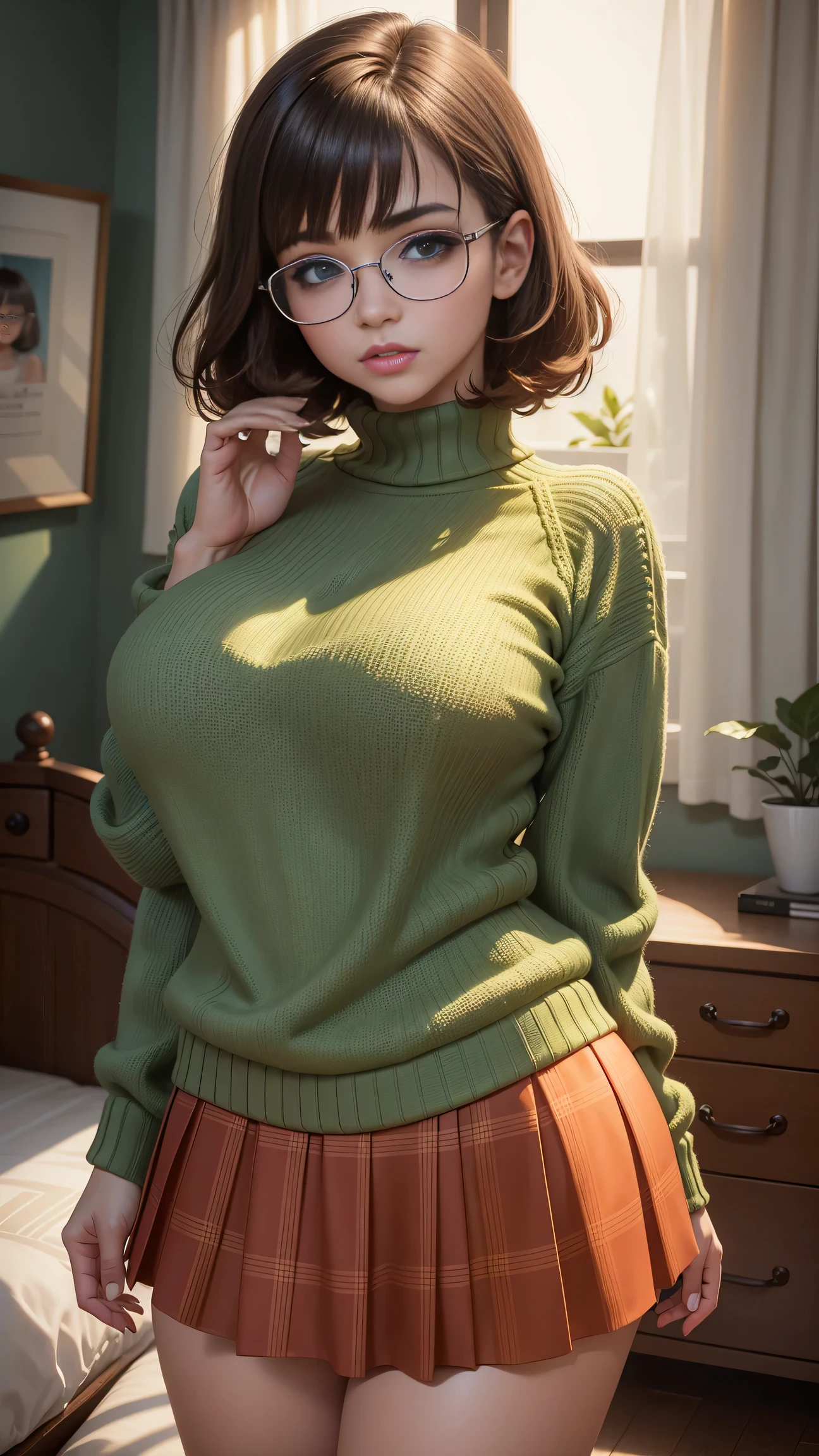 HD, 8k quality, masterpiece, Velma, (1girl, solo girl) dream girl, huge breasts, beautiful face, kissing lips, short bob straight hairstyle, long bangs, perfect makeup, realistic face, detailed eyes, jade green eyes, brunette hair, eyelashes, bedroom, laying on bed, eyes at viewer, orange top, knitted sweater, turtleneck, clear lens glasses, red school girl skirt, glad to see you,