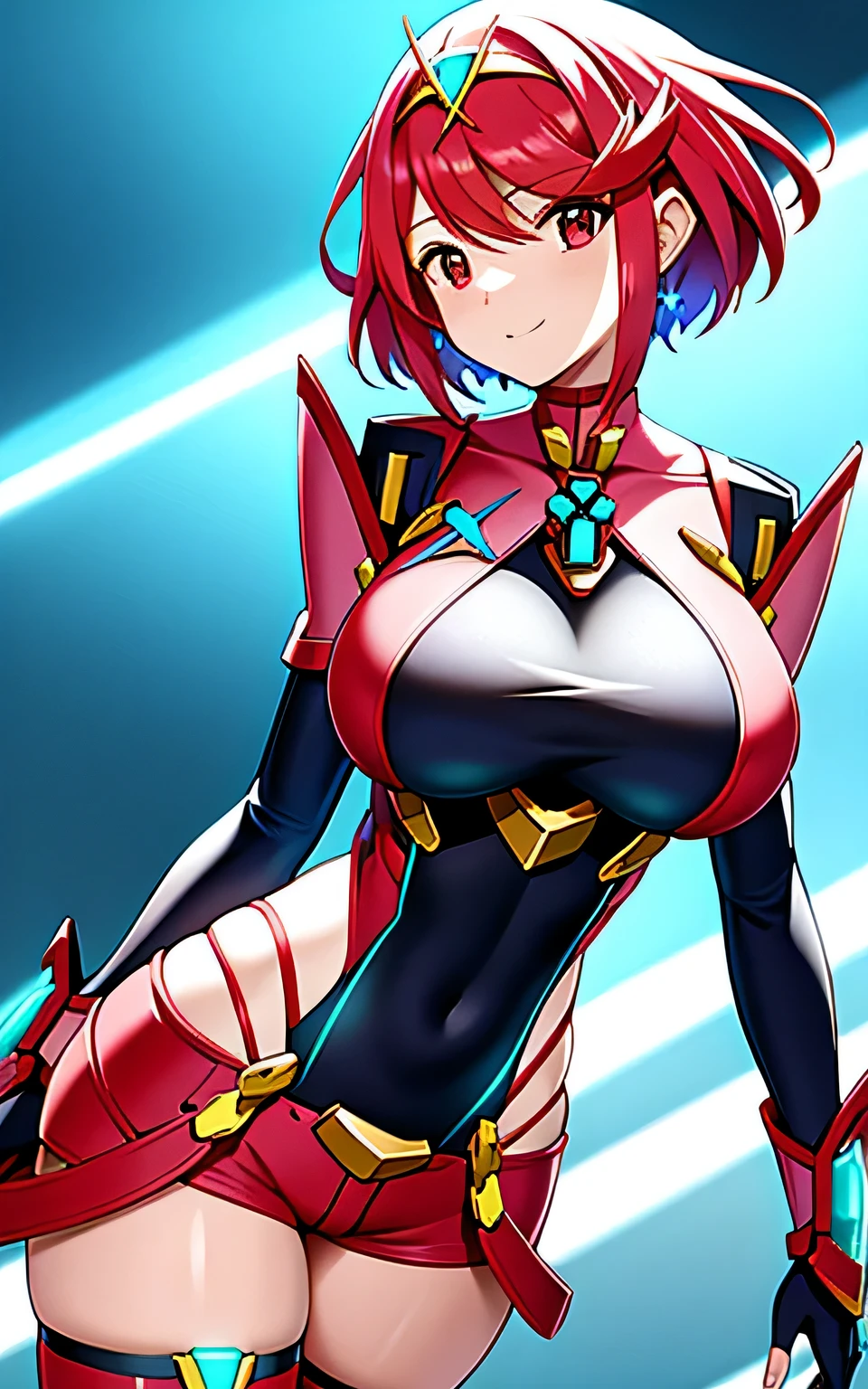 masterpiece,best quality,pyra,\(xenoblade\),xenoblade chronicles \(series\), (xenoblade chronicles 2),1girl, armor, bangs, black gloves, breasts, red eyes,earrings, eyelashes, fingerless gloves, floating hair, framed breasts, gem, gloves, hair ornament, headpiece, jewelry, huge breasts, leaning back, leotard, neon trim, official art, red hair, red shorts, saitou masatsugu, short hair, short shorts, short sleeves, shorts, sidelocks, skin tight, solo,swept bangs, thighhighs, tiara, turtleneck, underbust, vambraces,various pose, unity,8k wallpaper,
