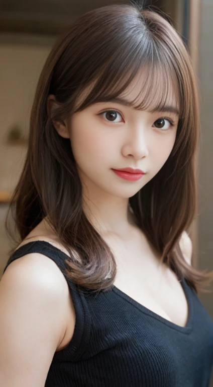smile、Raw photo、(((ultimate beauty portrait)))、((glowing skin))、1 girl、bright look、((brown hair))、(cleavage)、((Big eyes that shine like jewels))、Tank top、Glossy and glossy skin、(long hair)、(silky ponytail hair)、(standing)、eyeliner、beautiful bangs、hair between eyes、((masterpiece、最high quality、super detailed、film light、intricate details、High resolution、very detailed))、detailed background、8KUHD、Digital single-lens reflex camera、soft light、high quality、film grain、Fujifilm XT3 、shallow depth of field、natural soft light、Kamimei、rich bust、Tank top、((A dynamic pose:1.5))、Random Angle Shot