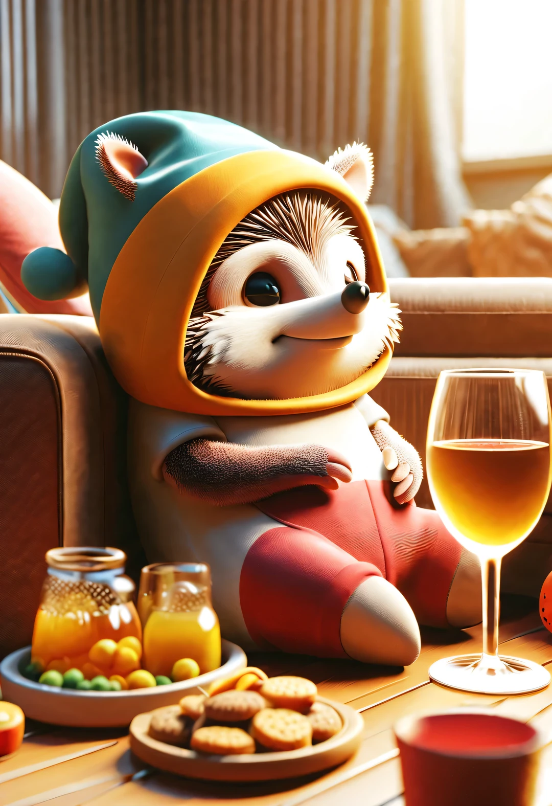 in style of Folk art,(A cute little hedgehog is curled up on the sofa drinking wine),(醉酒of表情:0.9),beauty of details,(Exaggeration of big wine bottle:0.65),(Colored hair or back tattoos,)(穿着嘻哈风格of睡衣,戴着夸张of睡帽)(Apply the mask to your face:0.8),(Large soft and colorful cushions,)There are many snacks and colorful drink bottles on the ground,Details of details, background:Comfort and comfort of living room 3D rendering, cartoon,illustration,Pixar,cartoon,ultra high definition,high quality,32k,of
