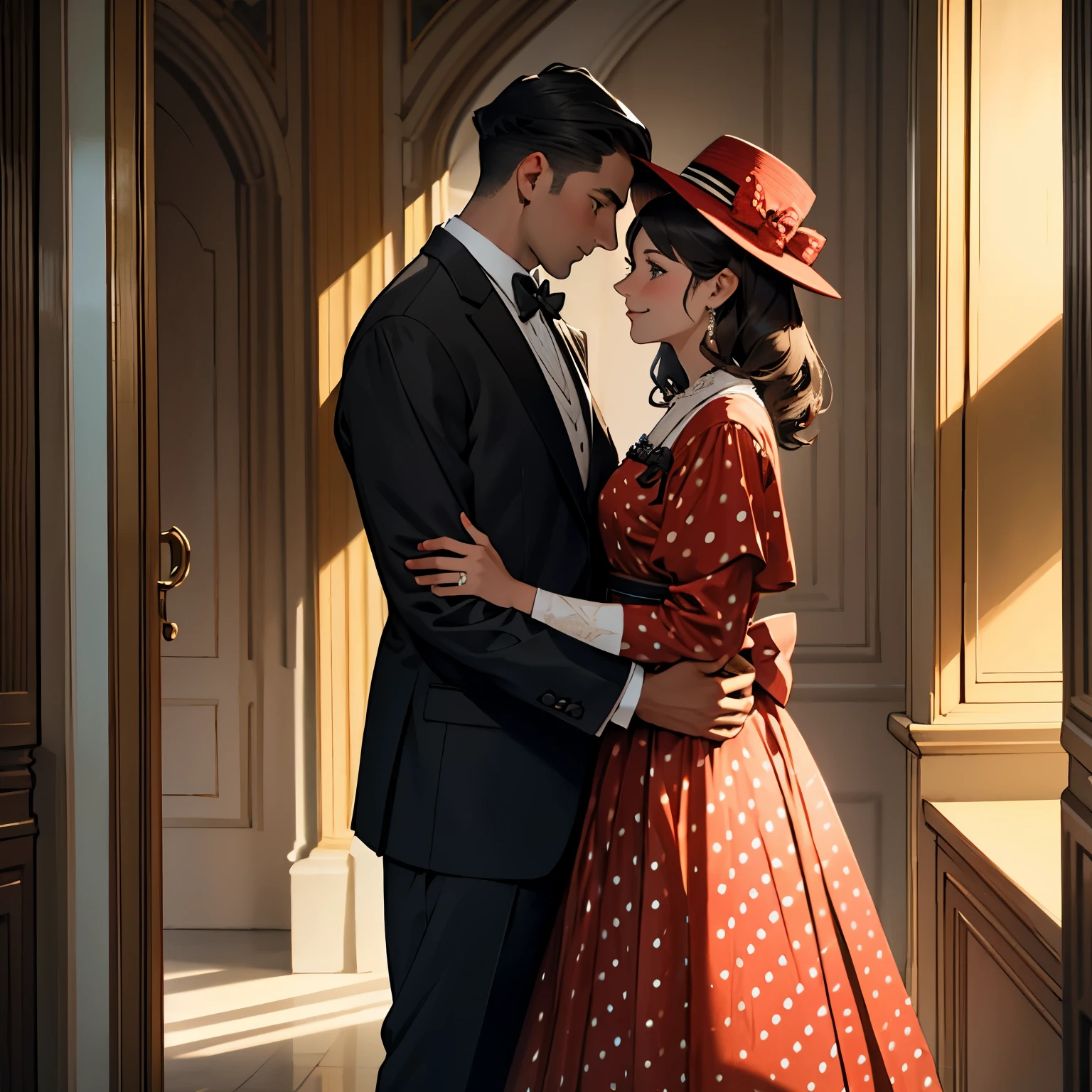 Cinematic Still of a Male and Female Couple, both dressed in elegantly tailored vintage clothes, standing on the edge of a grand, ornate Dado with a checkered pattern, twilight hour illuminating their faces in a romantic glow.
(Best Quality, 4k, 8K, high resolution, Masterpiece: 1.2), Male wearing a charcoal suit and bow tie, Female sporting a red polka-dotted dress with a matching hat, Man with a warm, loving gaze, Woman gazing into his eyes with a tender smile, Dado with intricate gold trim, Shadows creating depth and texture, Couple's hands intertwined.