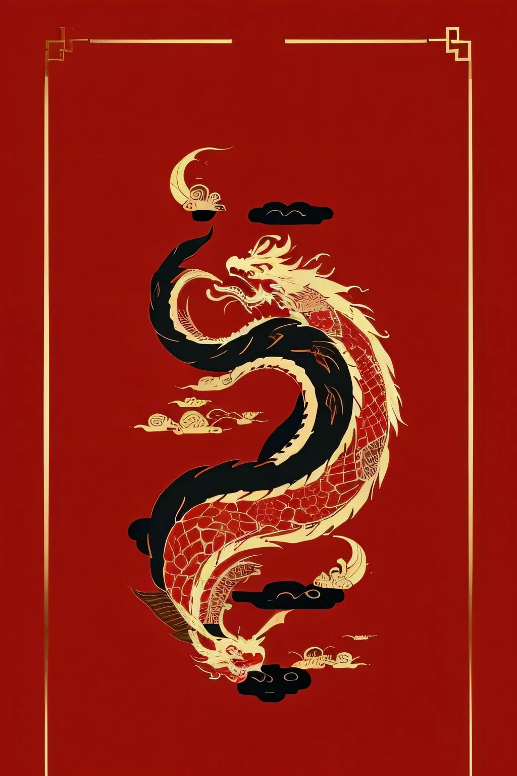Chinese dragon motif，The background color is red，ink style，Obvious Chinese style color