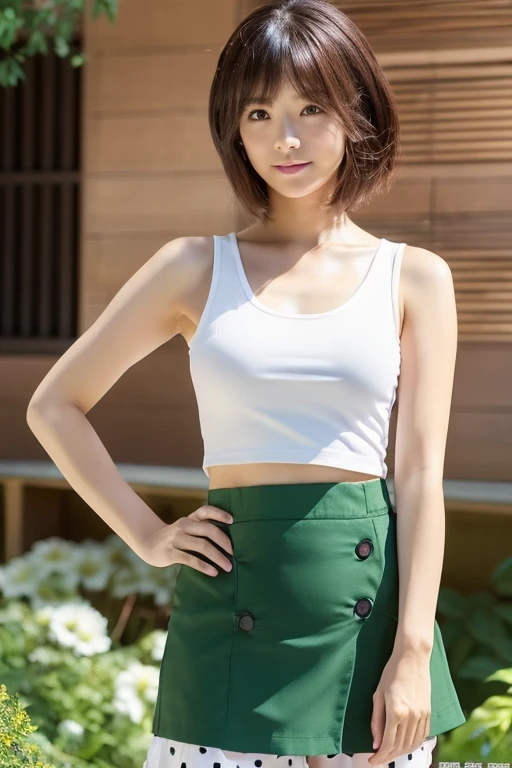 Live-action thin Japanese actress Minami Hamabe standing facing forward, Her face is Minami Hamabe, a Japanese actress., Standing posture, The camera is shot from the front （outfit detailing： White tank top with polka dots and exposed belly button, Fluttery white mini skirt) 　（Body details：lean body, Height: 155cm, Bust 75cm, Waist 55cm, Hip 85cm, Healthy thighs) (detailed background, green leaves on old brick）（Detailed model figure：face is facing the camera, The body is facing the camera） （Photo composition：Front of the body, Photo from thighs up,looking at the camera,　Photo from the front） （hair details：Bob cut brown hair）