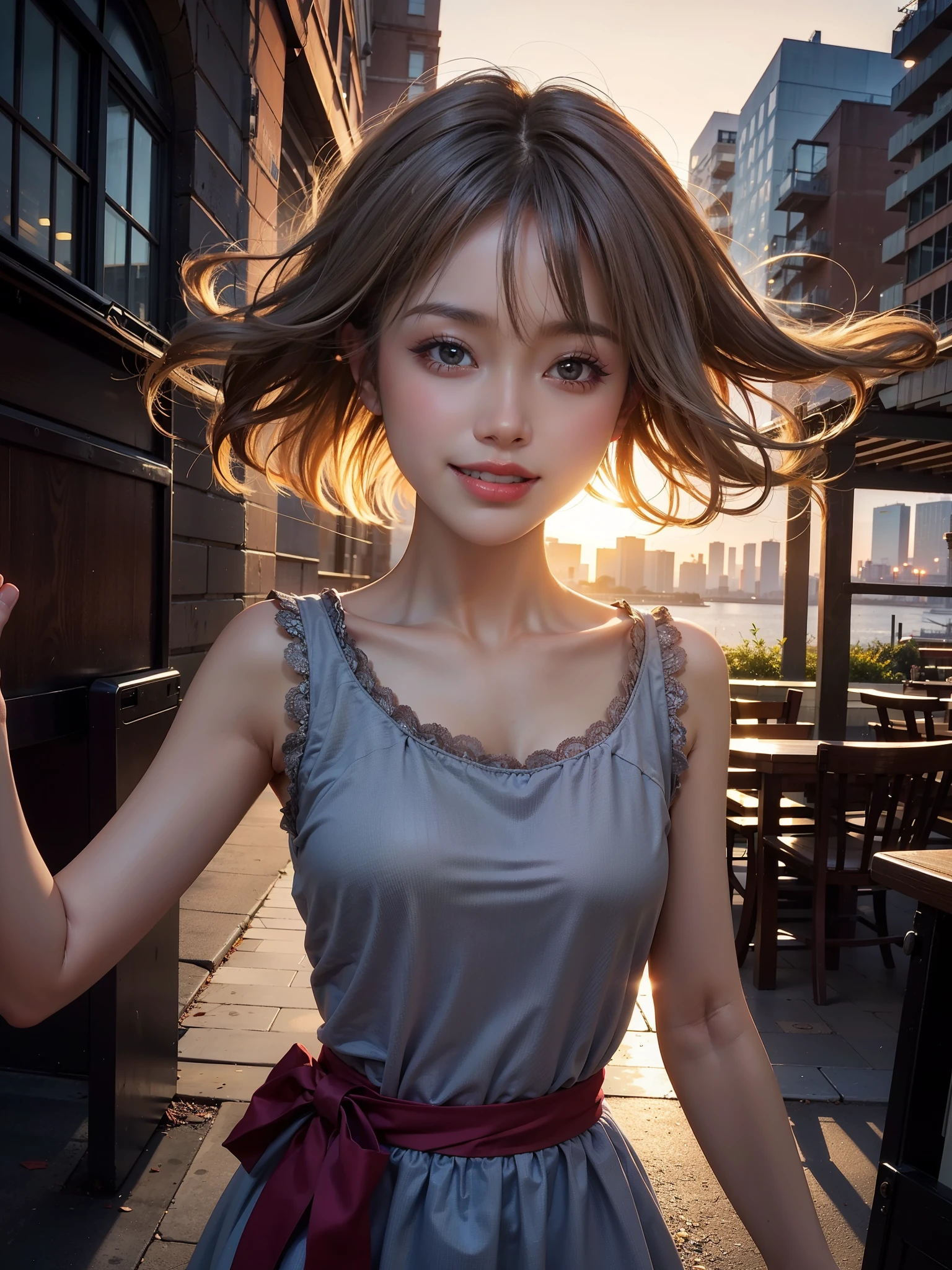 xxmixgirl,1 girl, Fisheye, self snap, Wind, messy hair, sunset, cityscape, (Aesthetics and atmosphere:1.2), gray hair,smile,movie girl