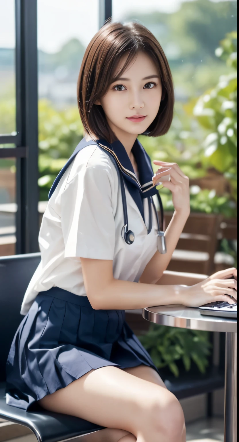 Photorealistic beautiful female student、18-year-old、amazingly beautiful、extremely fine-grained clarity、beautiful body、(highest quality、8K、32K、masterpiece、nffsw:1.3)、ultra high resolution,(Photoreal:1.4),RAW photo, detailed face,,beautiful hair, ((Doctor Style)), ,very short hair 、very short hair、amazingly beautiful二重まぶた、beautiful nipples、 natural makeup,, small perfect breasts, wet hair、detailed background, perfect lighting, Depth of written boundary, beautiful shadow gradation、thin limbs、thin thighs、(whole body)、((Short Sleeve Sailor Uniform Uniform、high school girl、Short navy blue skirt))、((stylish cafe、Inside the store、cafe table and stylish chairs、coffee、Control your laptop))、Beautiful and slim perfect body、beautiful high nose、Landscape