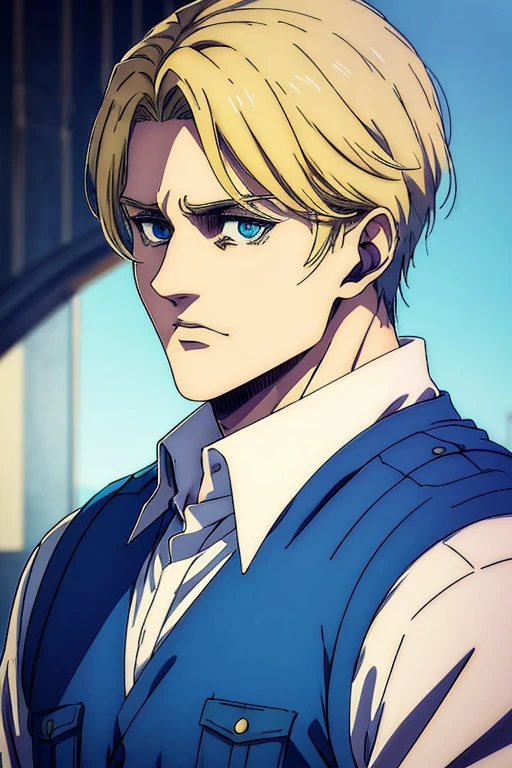 A male character in mappa art style with blue eyes and medium blonde hair. He has sharp jawline. He is wearing blue shirt 