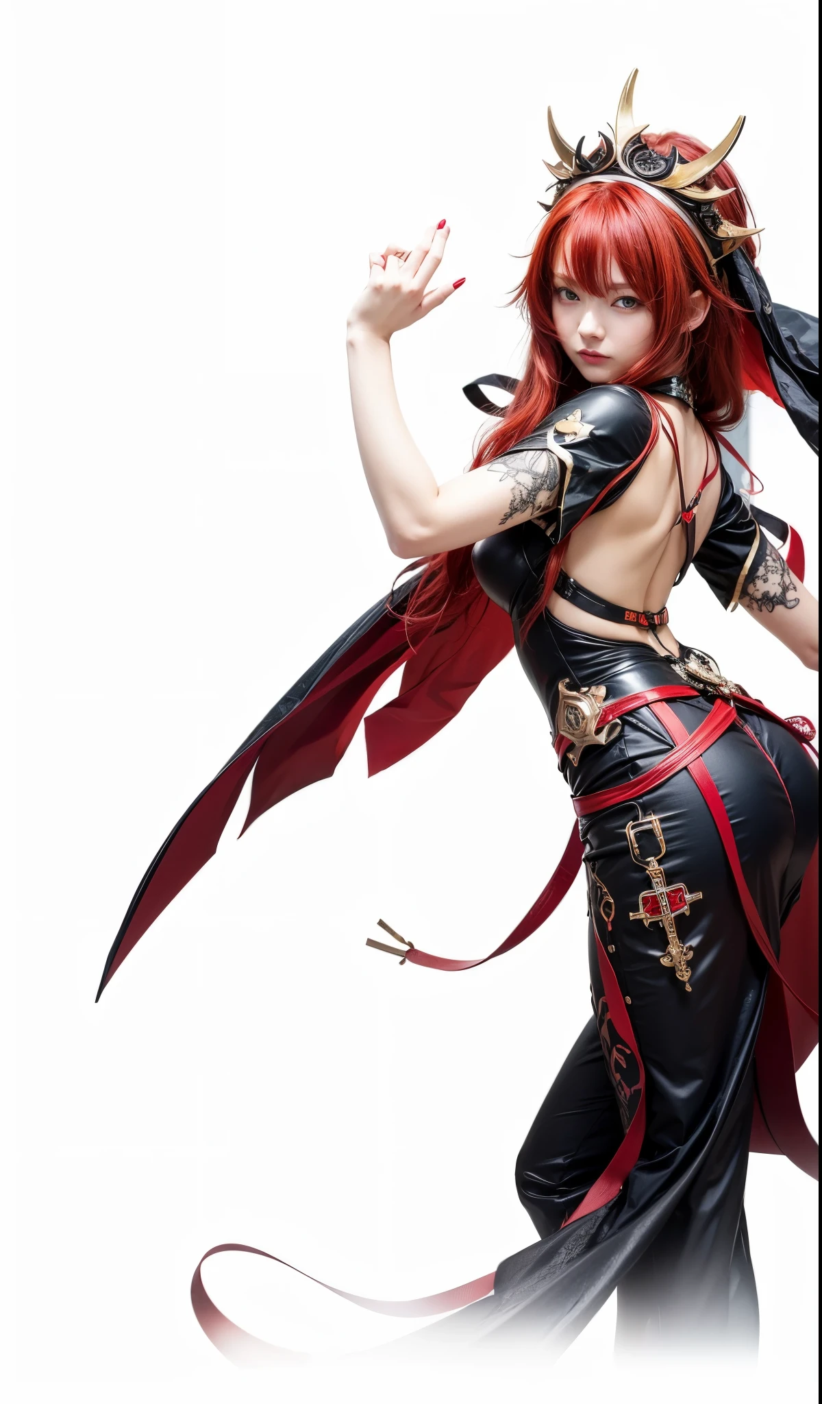 Rosaria, genshin impact, mondstadt, female, red hair, orange eyes, black top, black short, gradient red hood, red ribbon, open back