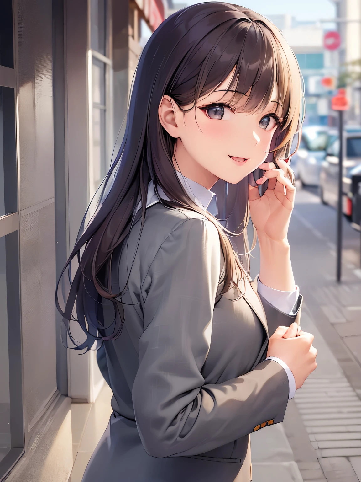 Placing hand over mouth, side angle, (looking back:1.5), Realistic, real person, RAW photo, photorealistic, portrait photography, shiny skin, japanese idol、A 25-year-old woman with medium-long hair with bright chestnut bangs.、(wearing a gray suit:1.5)、wearing a gray skirt、Are standing、(smile:1.5), open mouth, Alone、Background is an office room