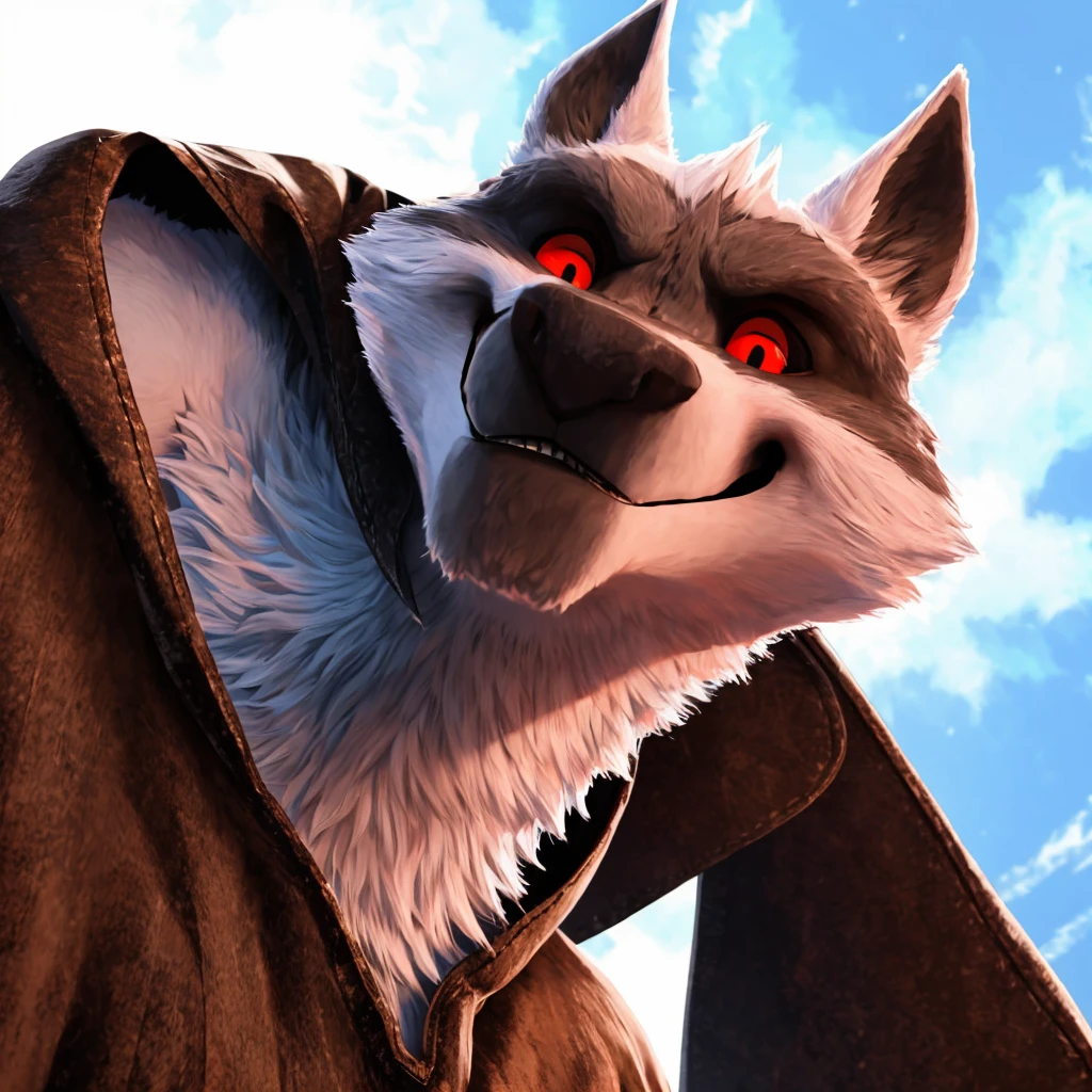 best quality, ultra high res,1furry boy， solo，detailed eyes, volumetric lighting, amazing, finely detail, cowboy shot, cloak , white fur, red eyes, white sclera, bright pupils, bright atmosphere, muscular, upper body, from below